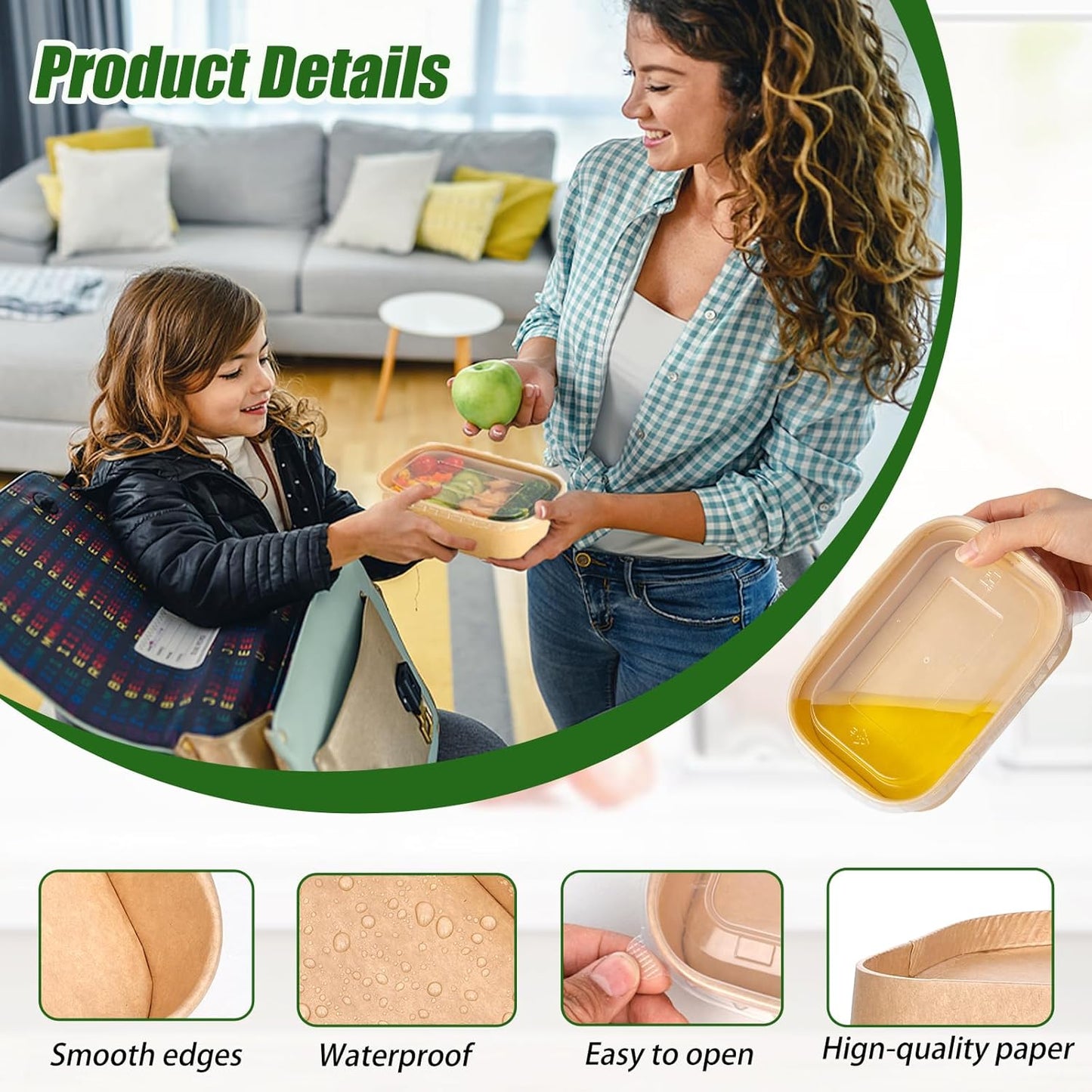 DI QIU REN 50-Pack 22oz Paper Bowls, Disposable Food Containers with Lids and Forks, Rectangular Disposable Salad Bowls for Diet Salad, Pasta (kraft Paper Rectangular, 22oz 50 Count)