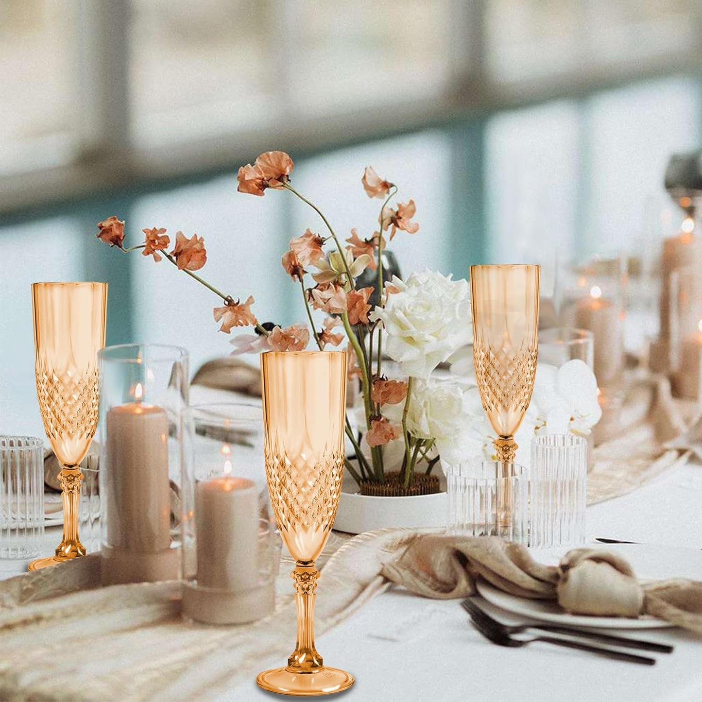 Plastic Champagne Flutes, 24PCS Gold Plastic Wine Glasses Goblets Reusable Champagne Flute for Weddings, Bachelor Parties, Toasting, and Events(24, Gold)