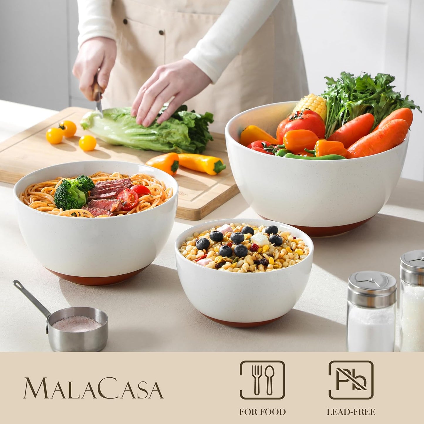 MALACASA Ceramic Mixing Bowls, Large Serving Bowls for Mixing, Cooking, Prepping, Baking, Salad, Soup, Pasta, Nesting Bowls Set of 3, 4.38/2.5/1.44 Qt, Oven, Microwave and Dishwasher Safe, Series TARA