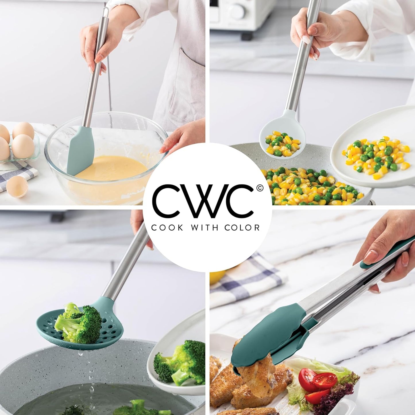 COOK WITH COLOR Silicone Cooking Utensils, Kitchen Utensil Set, Easy to Clean Silicone Kitchen Utensils, Cooking Utensils for Nonstick Cookware, Kitchen Gadgets Set, 10 Pieces, Teal