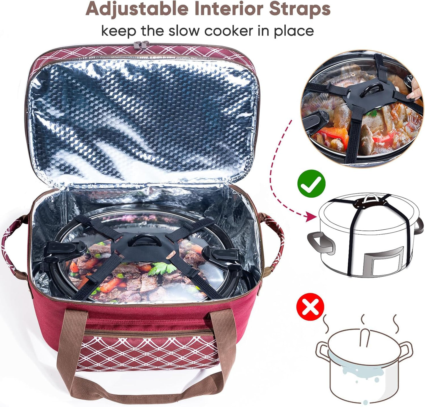 Double Layer Slow Cooker Carrier Bag – Fits 6–8 Qt Oval Slow Cooker Compatible with CrockPot & Hamilton Beach | Insulated Travel Tote with Utensil Storage & Adjustable Straps