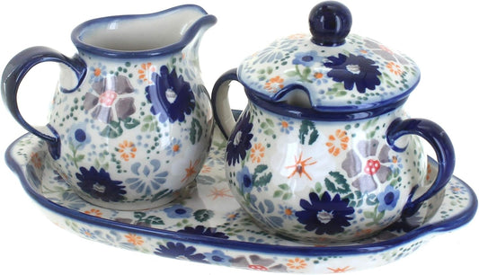Blue Rose Polish Pottery Carnival Sugar & Creamer with Tray