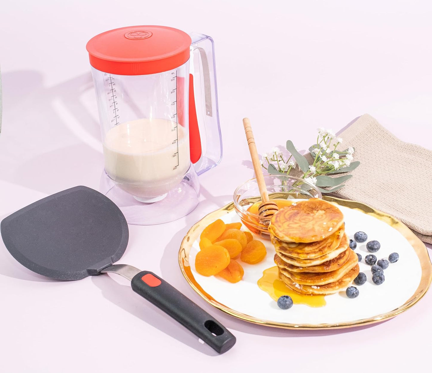 Kid Friendly Mess Free Pancake Cupcake Batter Dispenser Squeeze Handle for Precise Portion Control, Great for Waffles, Crepes | 4 Cup Capacity (Red)