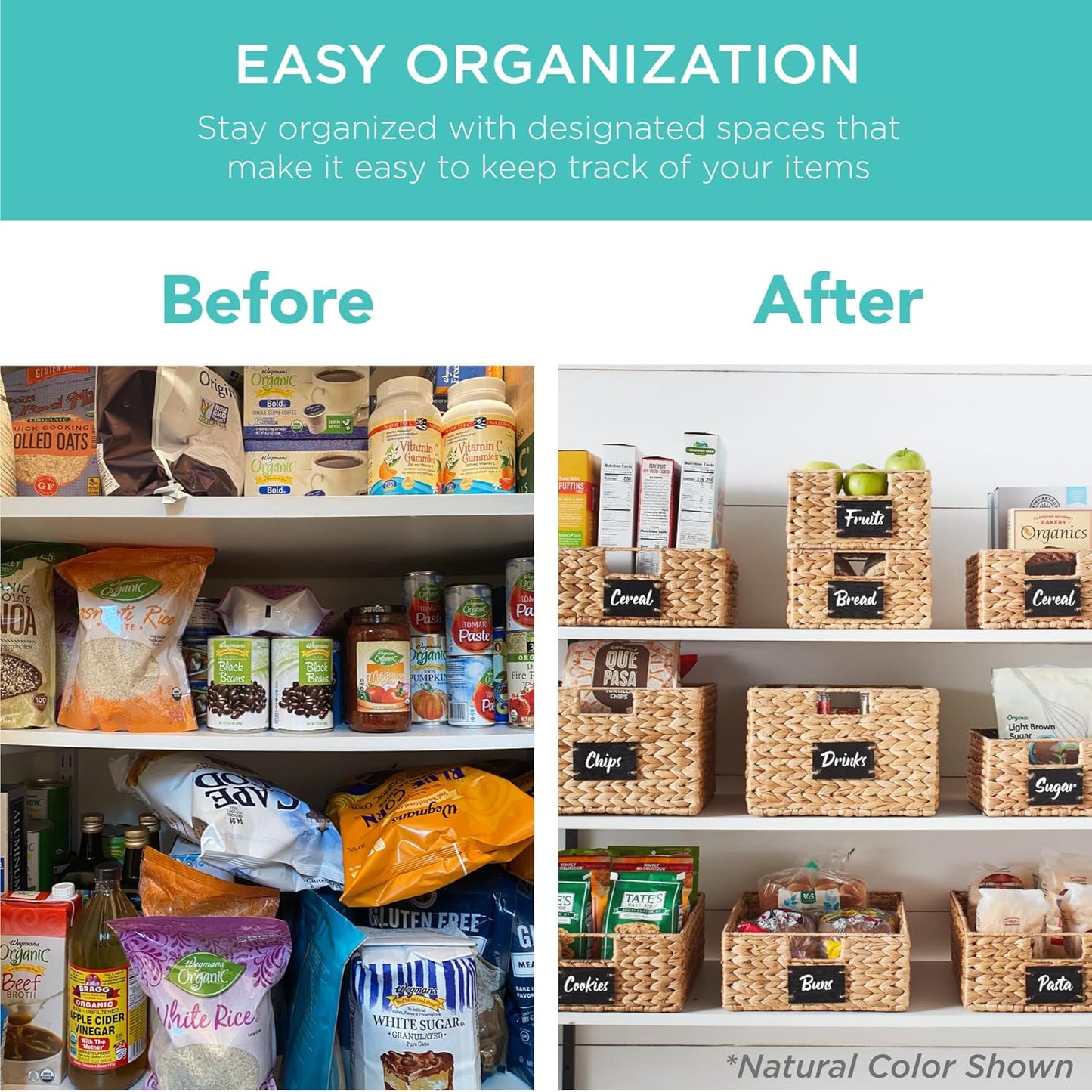 Best Choice Products Set of 4 9x12in Water Hyacinth Pantry Baskets, Woven Organizers w/Chalkboard Label, Chalk Marker - White