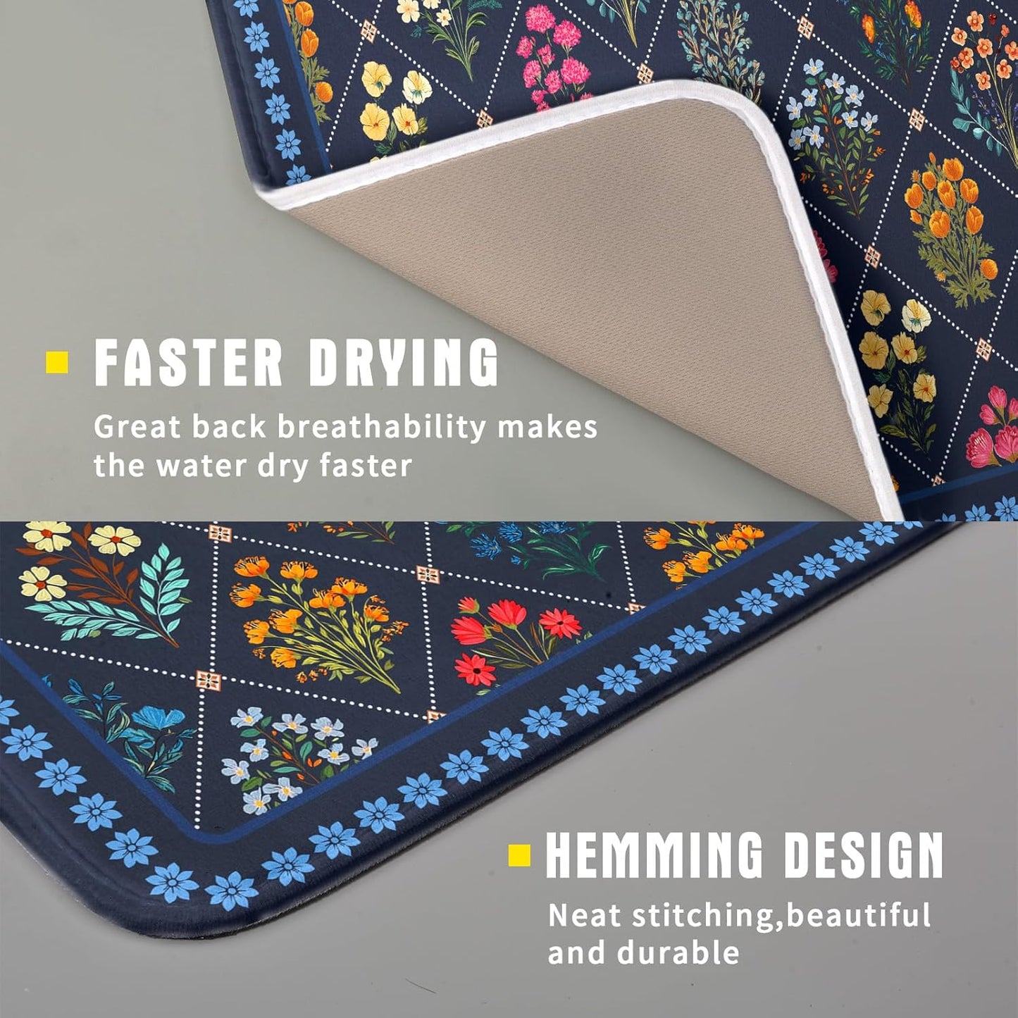 Lapis Blue Dish Drying Mat for Kitchen Counter Flowers Microfiber Absorbent Dish Draining Reusable Washable Small