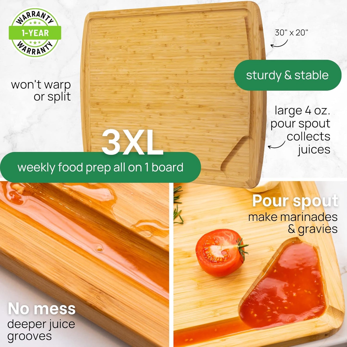 GREENER CHEF 30 Inch 3XL Extra Large Cutting Board with Lifetime Replacements - Oversized Bamboo Stove Top Cover Noodle Board - Wooden Meat Cutting Board - Turkey Carving Board - Charcuterie Board