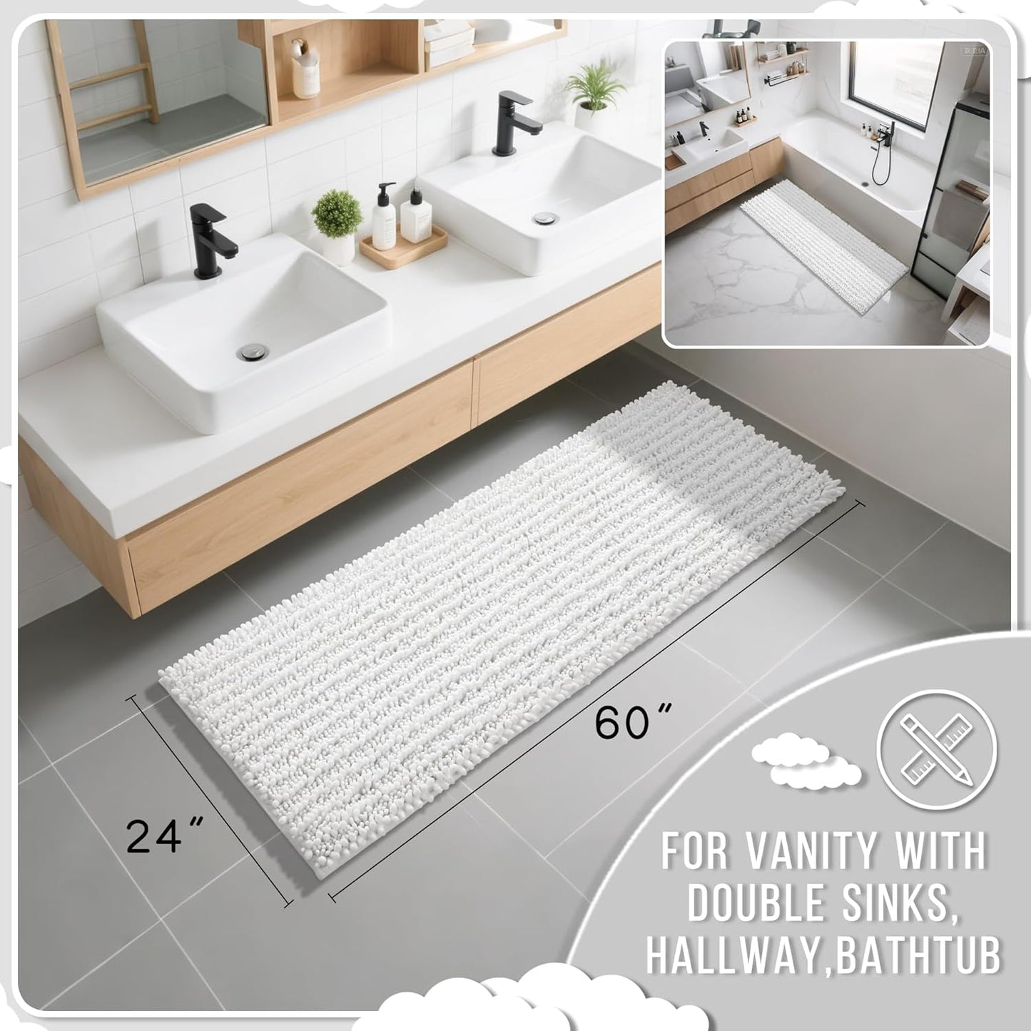 Yimobra Bathroom Runner Rug 60x24 Inch - Extra Long Non Slip Chenille Bath Mat, Soft & Absorbent, Machine Washable Shaggy Hallway Carpet for Vanity Tub Shower, White Home Decor Accessories