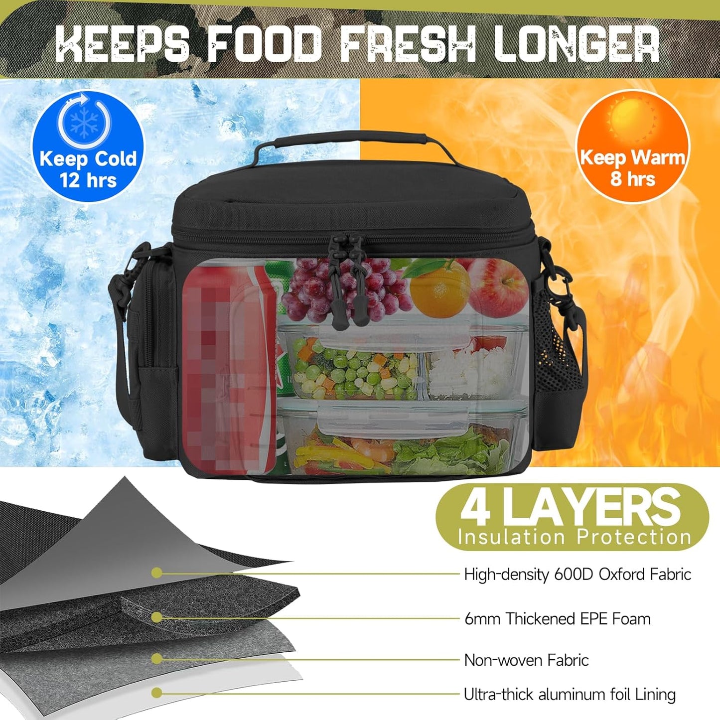 QT&QY Tactical Lunch Bag for mens Military heavy duty lunch box work Leakproof insulated Durable Thermal Cooler Bag for Adult Meal for Office Camping Picnic Pail MOLLE Webbing Black