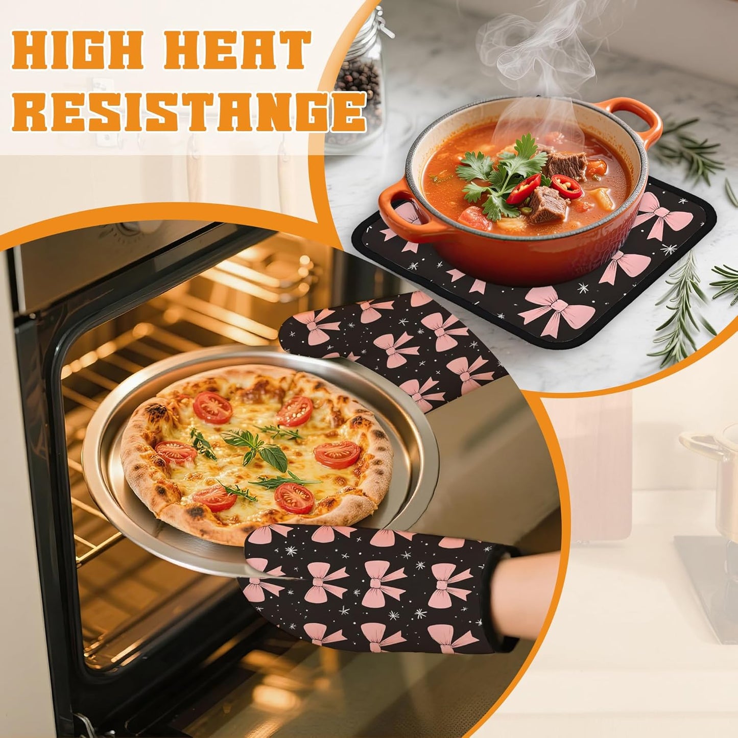 Cute Pink Bow Oven Mitts and Pot Holders,Heat Resistant Oven Mitts Gloves and Pot Holder for Home Kitchen Decorations Cooking Baking BBQ Gifts,Set of 4