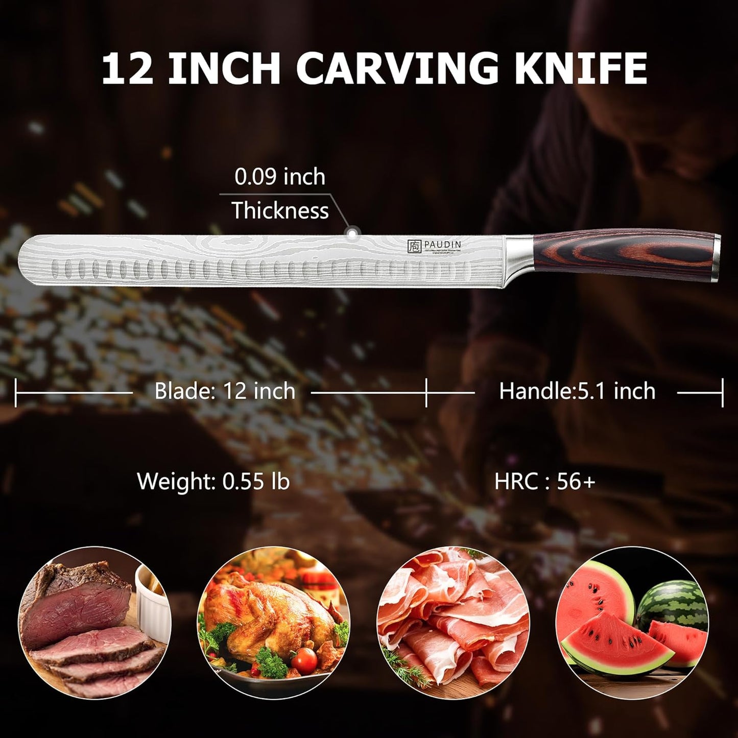 PAUDIN Brisket Knife, 12 Inch Carving Knife Stainless Steel Brisket Slicing Knifes with Granton Edge for Meat Cutting, Roasts, BBQ, Turkey