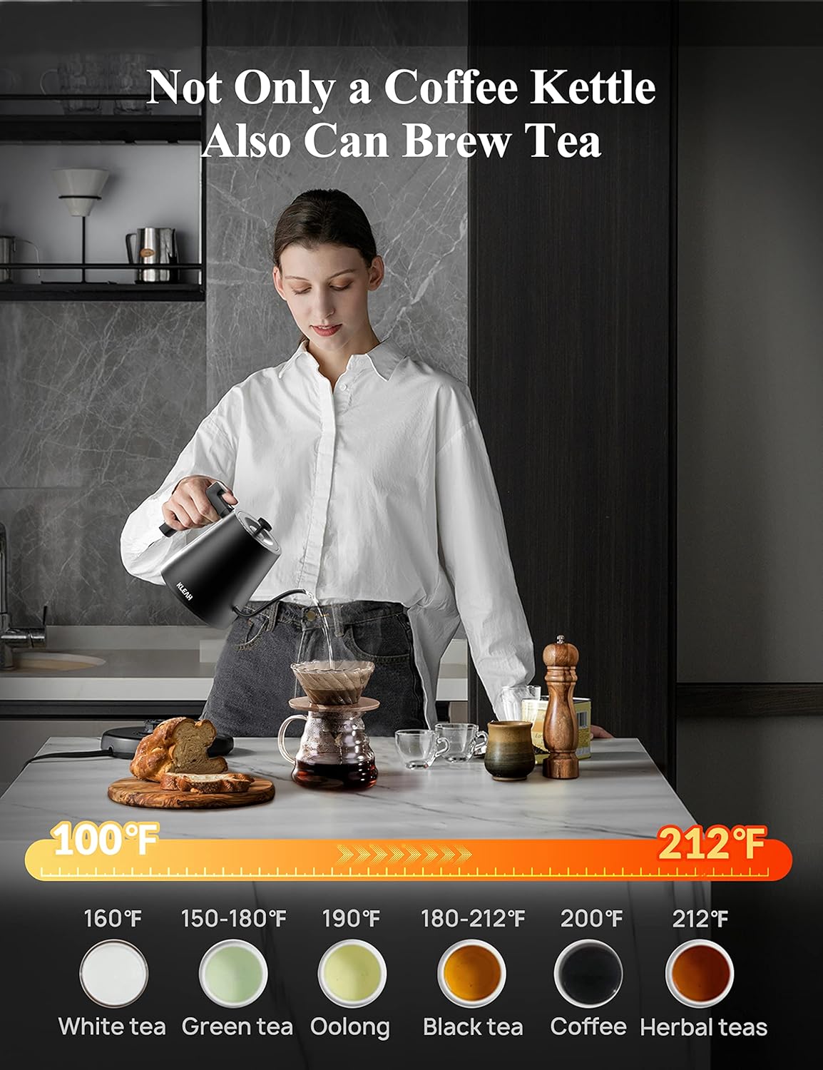 KLEAH Gooseneck Electric Kettle with Temperature Control - 0.8L Automatic Shut Off Tea & Coffee Kettle, Hot Water Boiler Pour Over Coffee Kettle, 1200W Quick Heating Keep Warm, Black