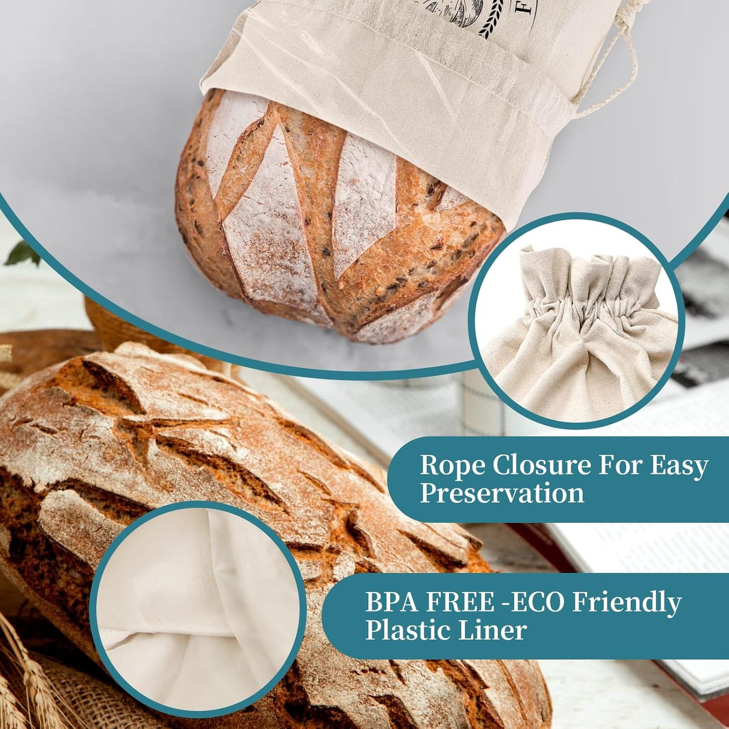 Reusable Bread Bags for Sourdough, Bannetons Reusable Cotton Drawstring Bag, Set of 2,Pretty Bags for Storing Flour and Bread