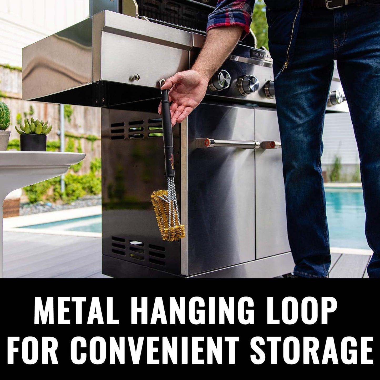 Grillaholics Brass Grill Brush – Safe BBQ Brush for Outdoor Cooking – Heavy-Duty Soft Bristle Grill Cleaning Tool for Porcelain & Ceramic Grates