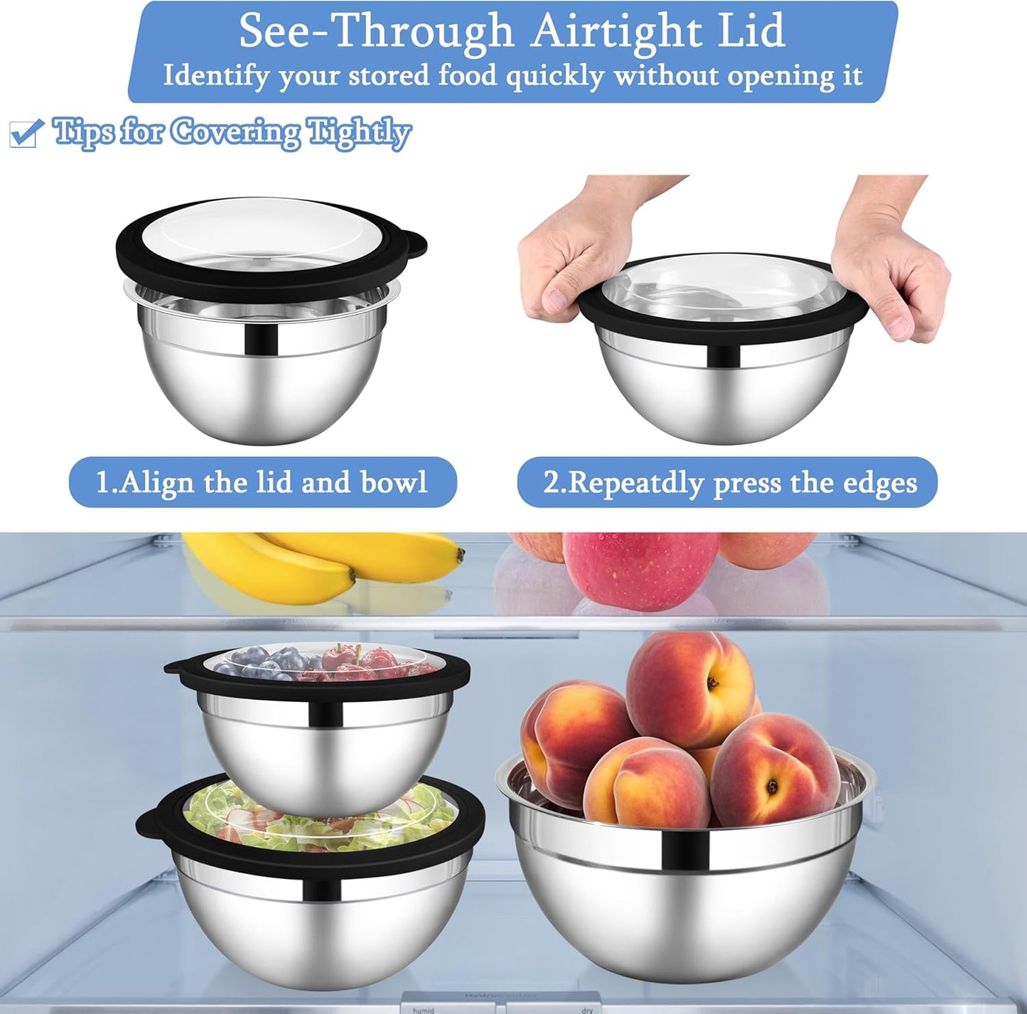 LIANYU Mixing Bowls Sets of 3, Stainless Steel Metal Nesting Mixing Bowl Sets for Kitchen, Large and Small Size 4.6 & 3 & 1.5QT, Include Transparent & Airtight Lids, Dishwasher & Freezer Safe, Black