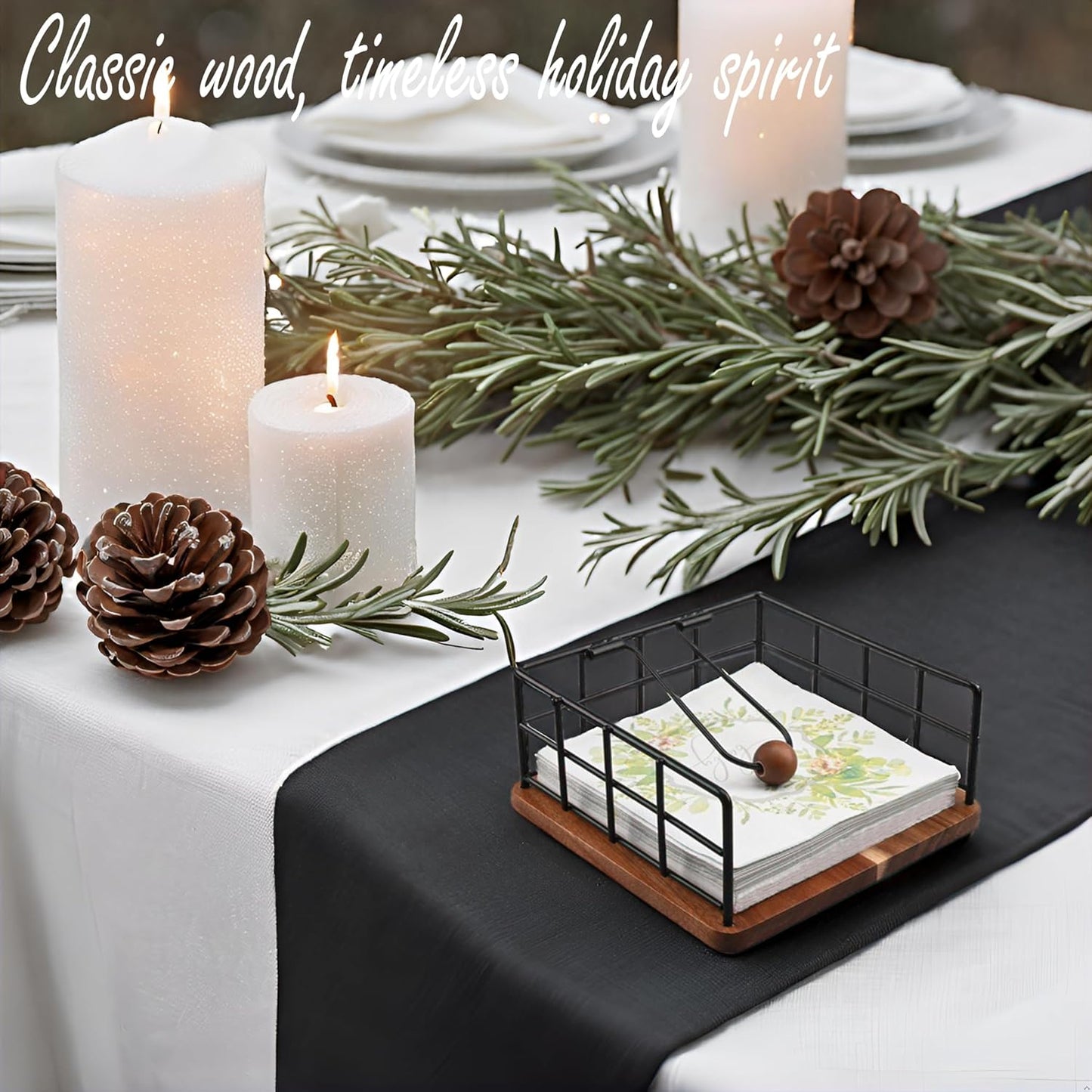 Flat Napkin Holder for Table, Acacia Napkins Holder with Weighted Arm, Rustic Metal Square Napkin Holder Organizer for Kitchen, Flat Napkin Dispenser for Countertop, Dining Room