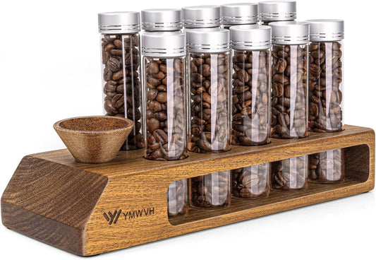 Single Dose Coffee Bean Storage Tubes 12 Pcs Coffee Bean Cellar Container Dosing Glass Vials,2oz Glass Jars With Lids, 2 Layers Sapele Display Stand And Wooden Funnel(Large)