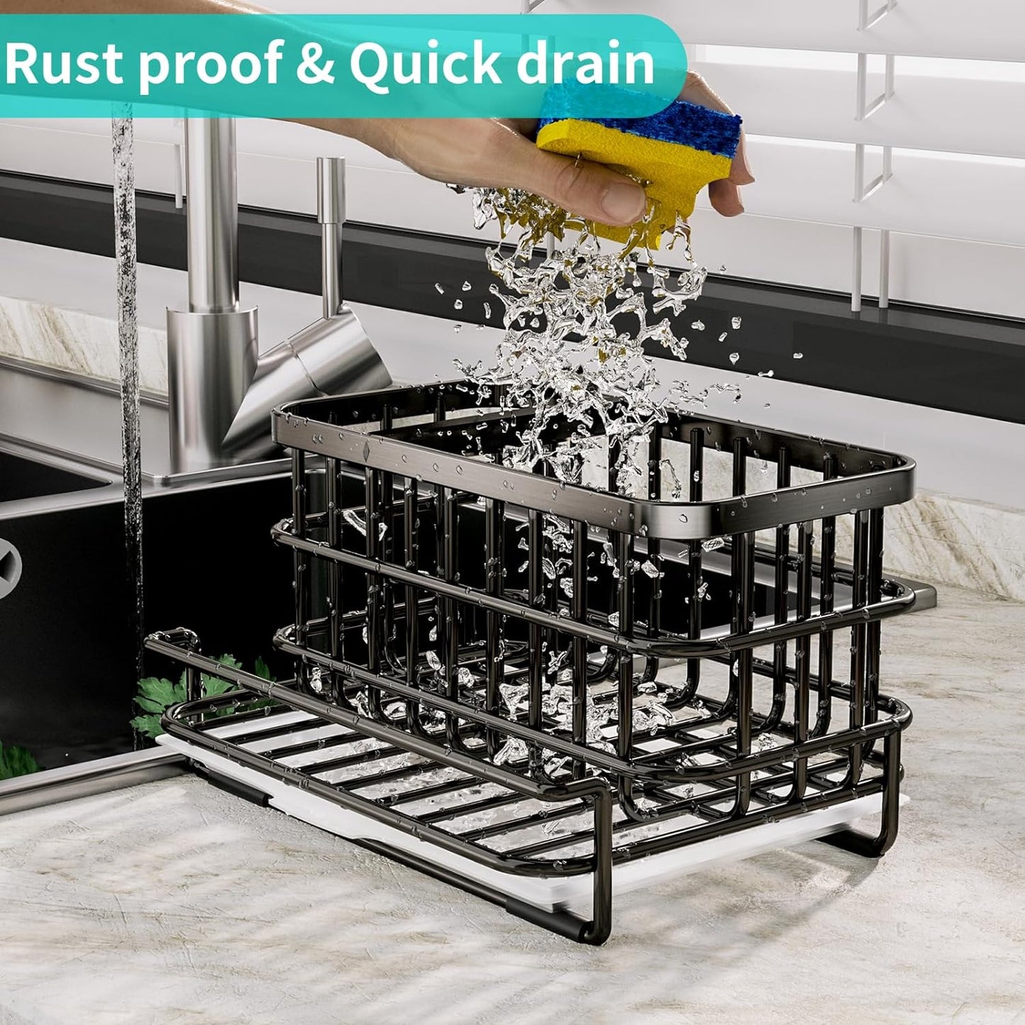 HapiRm Kitchen Sink Organizer, SUS304 Stainless Steel Rustproof Multifunctional Sink Caddy with Sponge Holder and Drain Tray for Kitchen Countertop (Black)