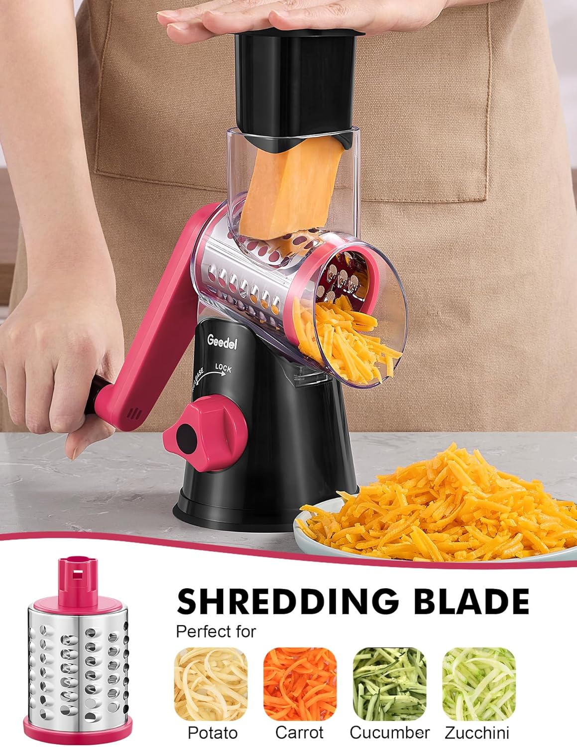 Geedel Rotary Cheese Grater, Kitchen Mandoline Vegetable Slicer with 3 Interchangeable Blades, Easy to Clean Rotary Grater Slicer for Fruit, Vegetables, Nuts