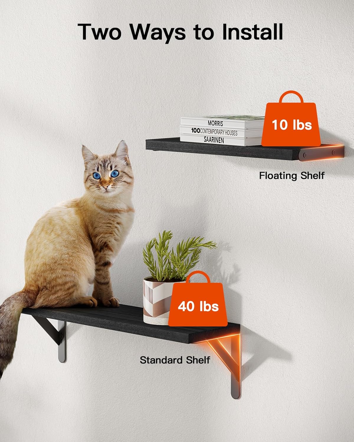 AMADA HOMEFURNISHING Wall Shelves Set of 6, Wood Floating Shelves for Decor, Rustic Farmhouse for Bedroom, Bathroom Storage, Book Shelves for Living Room, Black