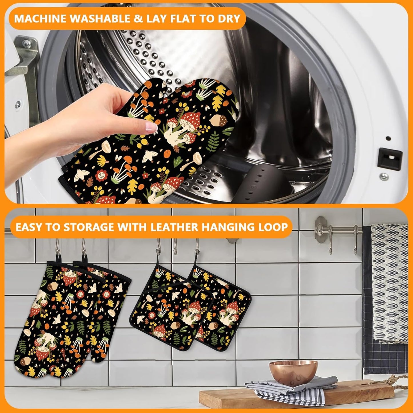 Mushroom Oven Mitts and Pot Holders Sets 4Pcs,Extra Long Oven Gloves Potholder for Kitchen Cooking Baking BBQ 100% Cotton Heat Resistant