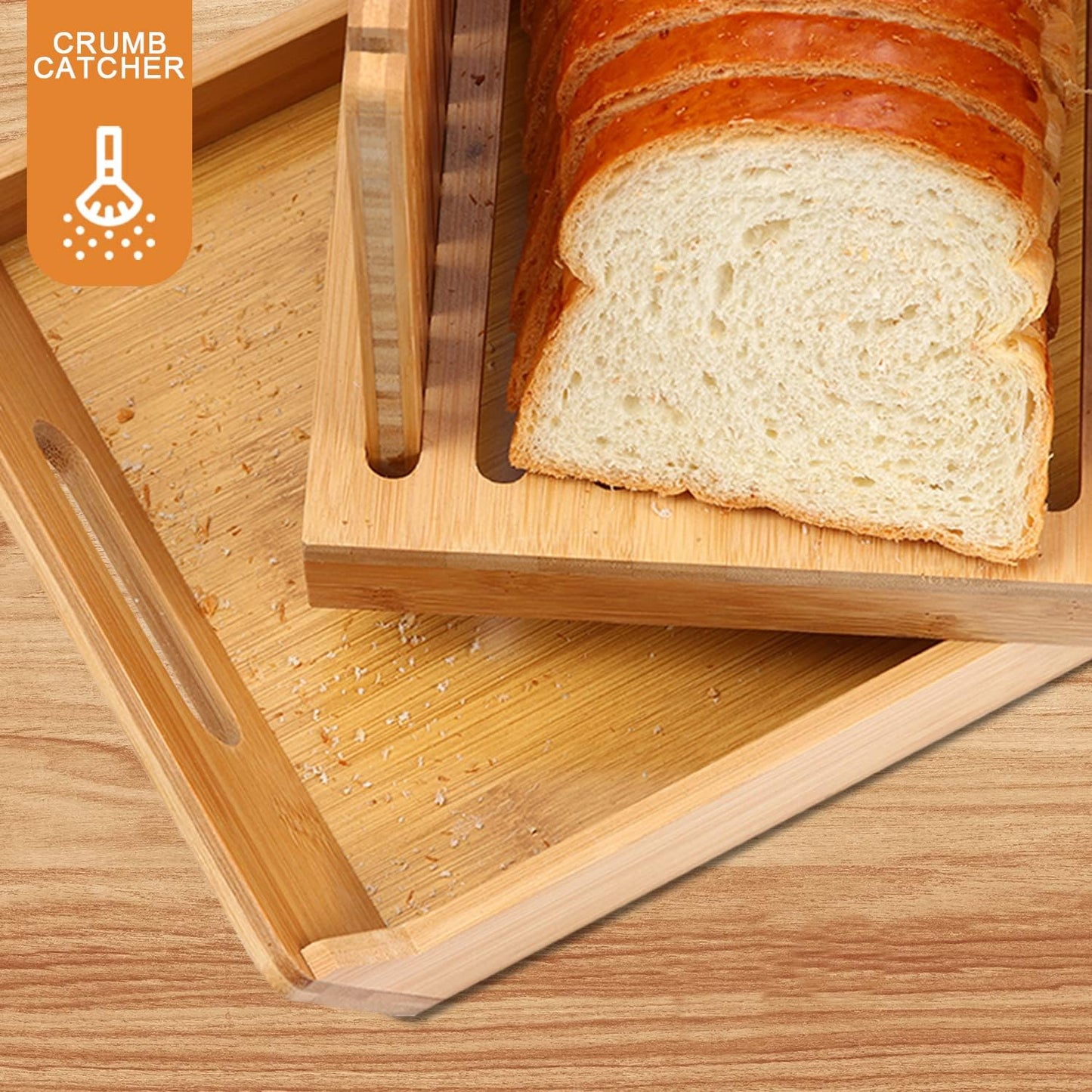 Bread Slicer for Homemade Bread, Bamboo Loaf Cutter with Knife and Crumb Catcher, Adjustable Foldable and Compact Cutting Guide 3 Size Slicing Guide
