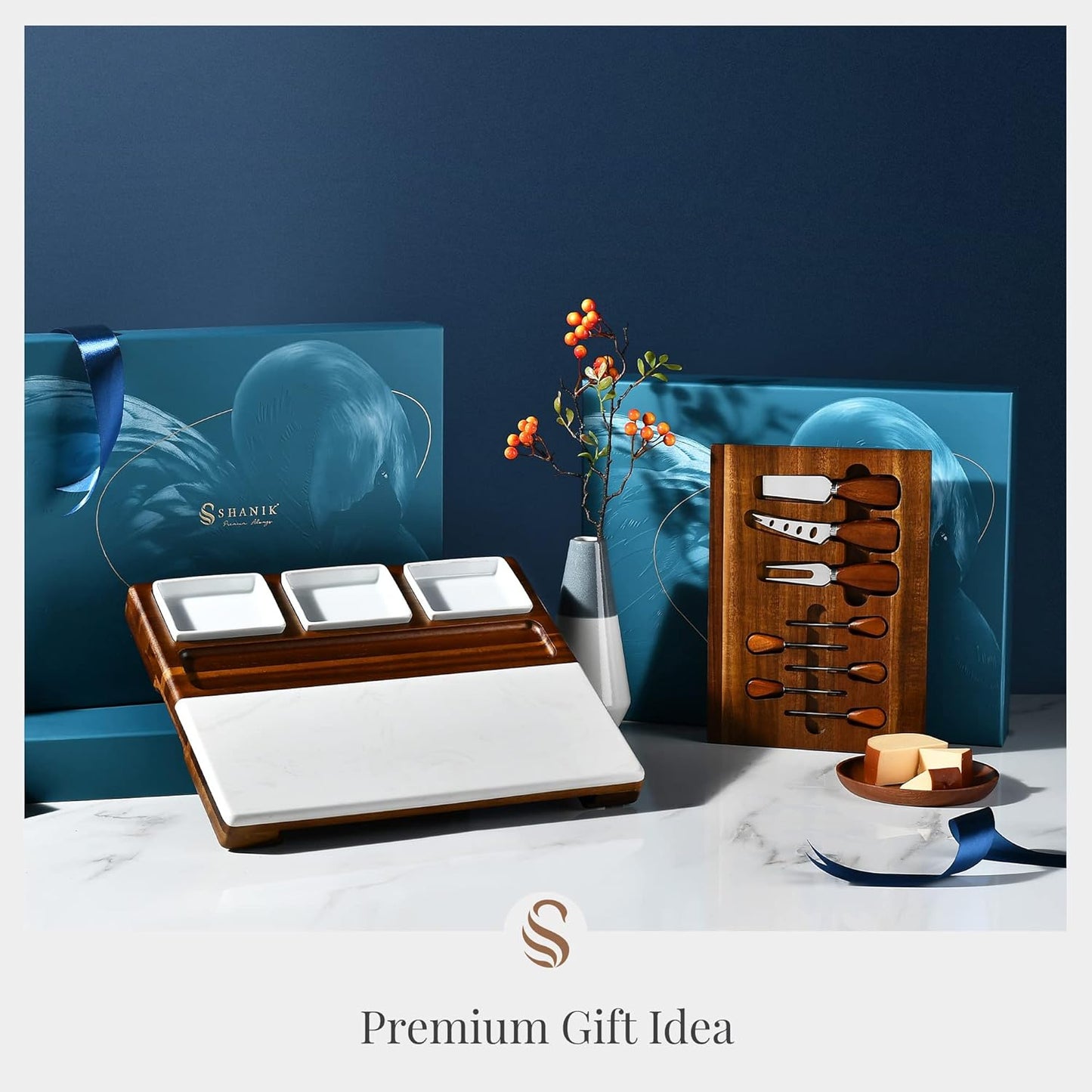 Shanik Wood - Marble Cheese Board Set with 3 Ceramic Bowls - Stainless Steel Cutlery Set, Charcuterie Board Set & Gift for Any Occasion (Without Engraving)