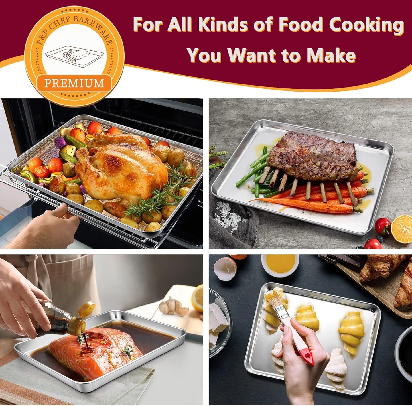 P&P CHEF 16 + 12.5 + 9 Inch Baking Sheet and Rack Set, Stainless Steel Cookie Sheets Oven Baking Pans Trays with Cooling Racks for Cooking & Roasting, Oven & Dishwasher Safe, (6Pcs)