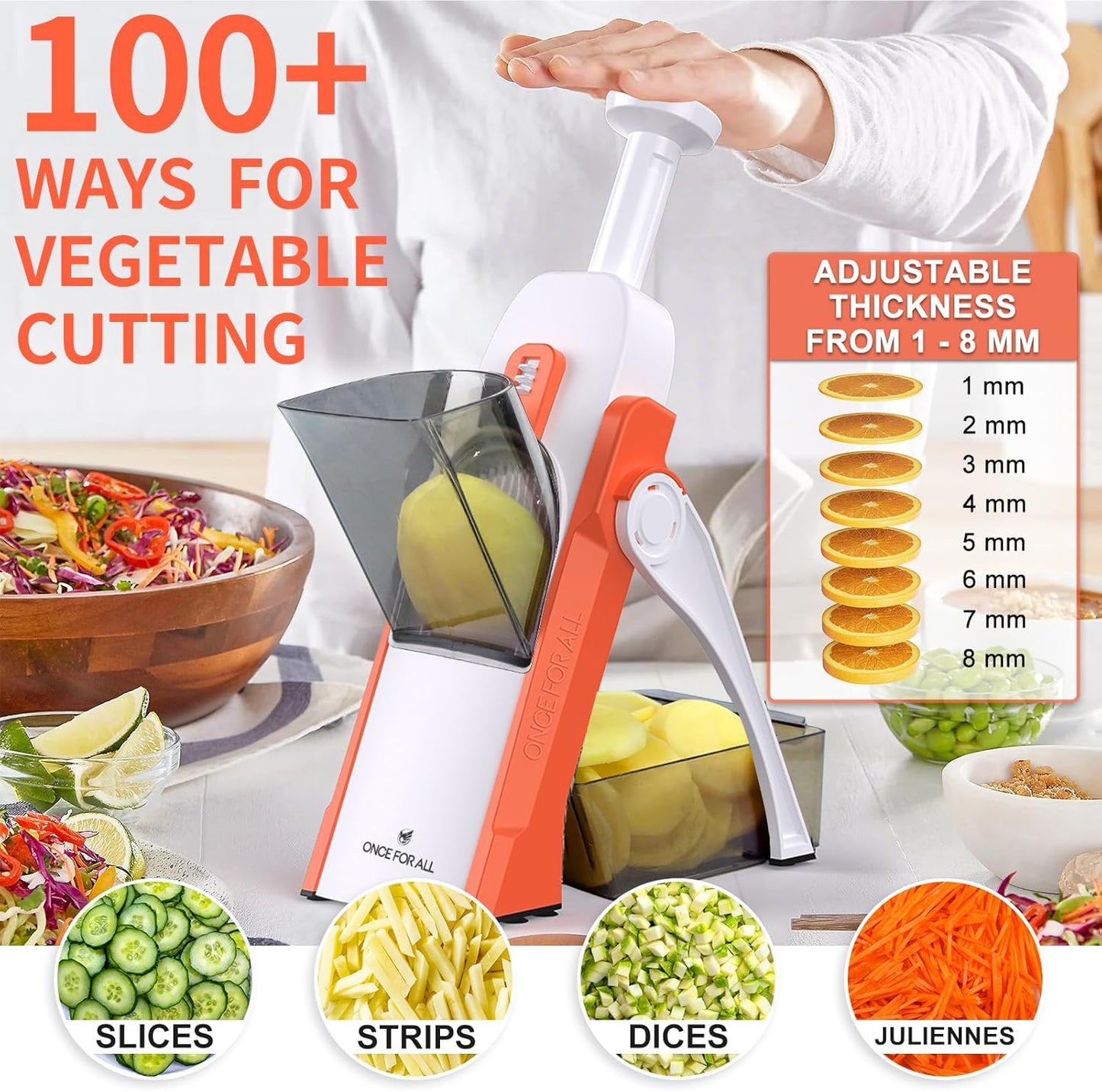 ONCE FOR ALL Safe Mandoline Slicer 5 in 1 Vegetable Cutter, Strips Julienne Dicer Adjustable Thickness 0.1-8 mm for Kitench Fast Meal Prep (Orange)