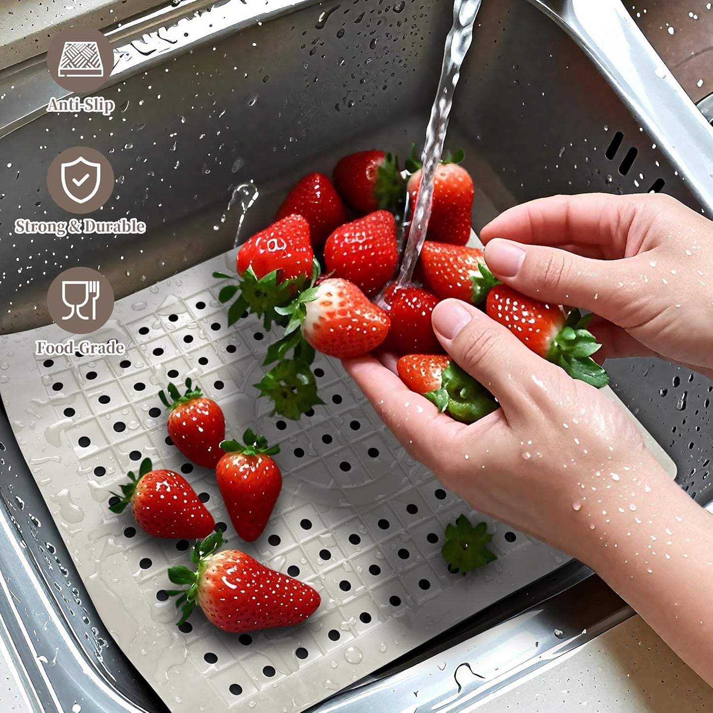 WILLKOMMEN 2 Pack Kitchen Sink Mat, 12'' x 10"" Dish Drying Mat for kitchen Counter, Durable Rubber Dish Draining Mat, Grid Sink Mat,Square Black & Cream White