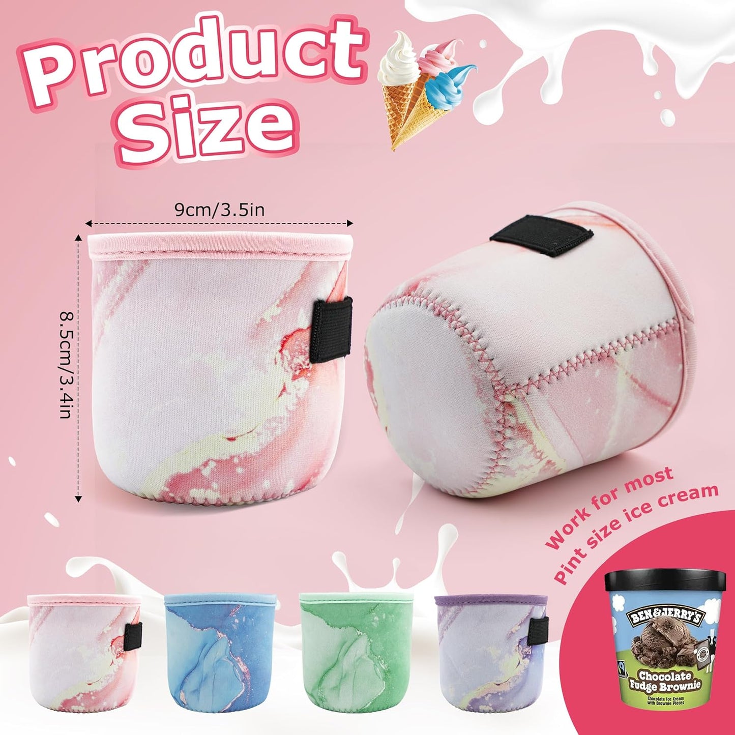 4 Pack Pint Size Ice Cream Sleeves Cozy Neoprene Cover with Spoon Holder Reusable Insulators Cream Sleeves (4 Pack A)