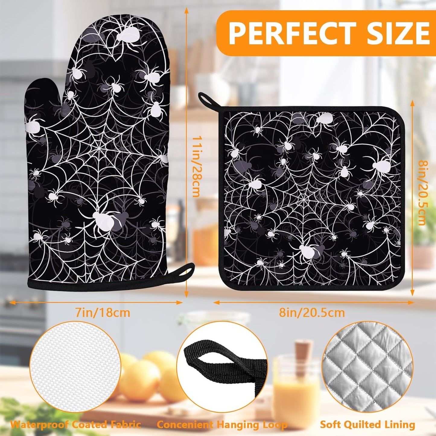 Spider Web Oven Mitts and Pot Holders Sets 4Pcs,Extra Long Oven Gloves Potholder for Kitchen Cooking Baking BBQ 100% Cotton Heat Resistant