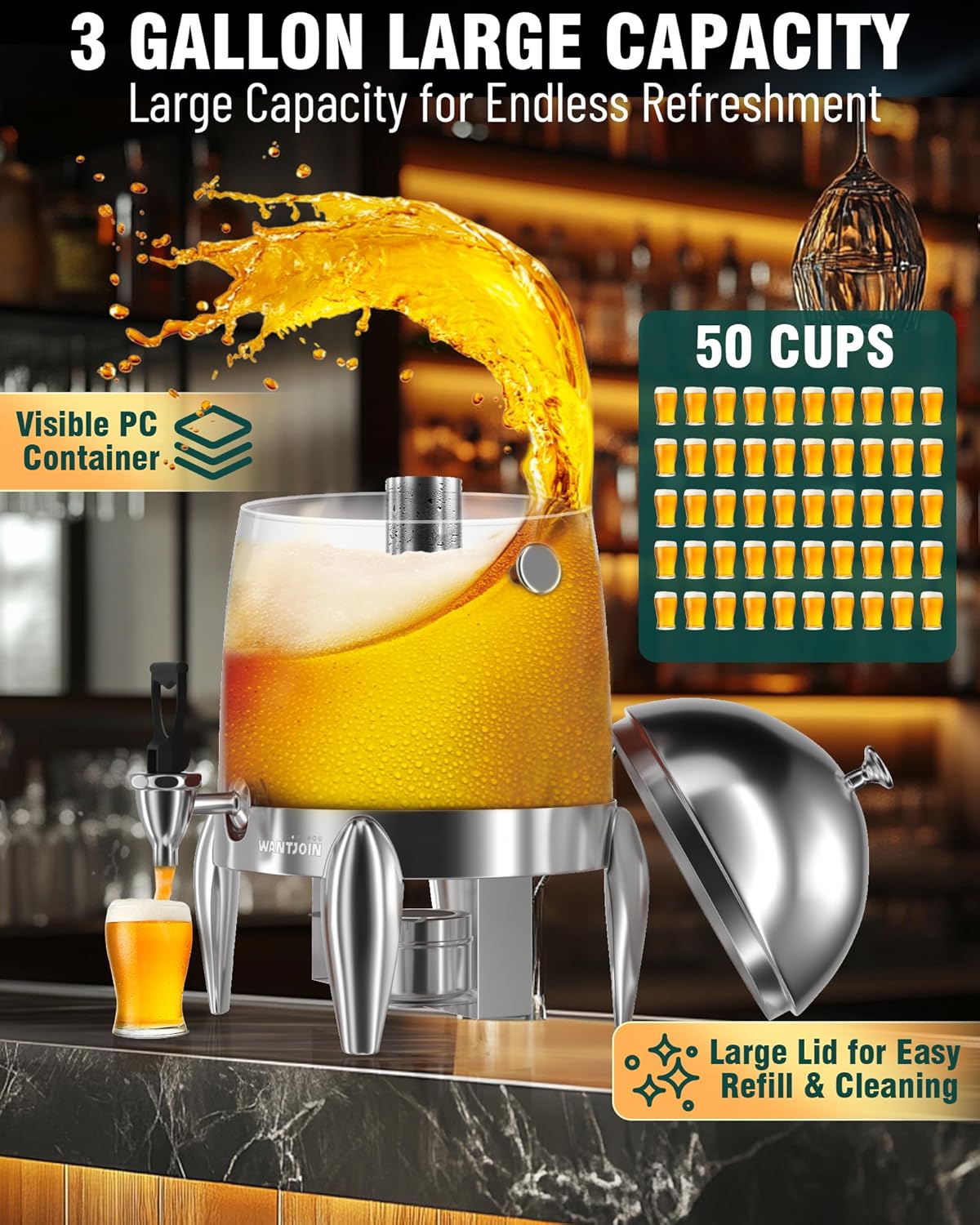 WantJoin Beverage Dispenser With Stand - 3.2 Gallon Drink Dispenser With Ice Core & Fuel Holder, Leakproof Spigot, Visible Container, Drink Dispenser For Cold & Hot Drink Parties Gathering Cafeteria