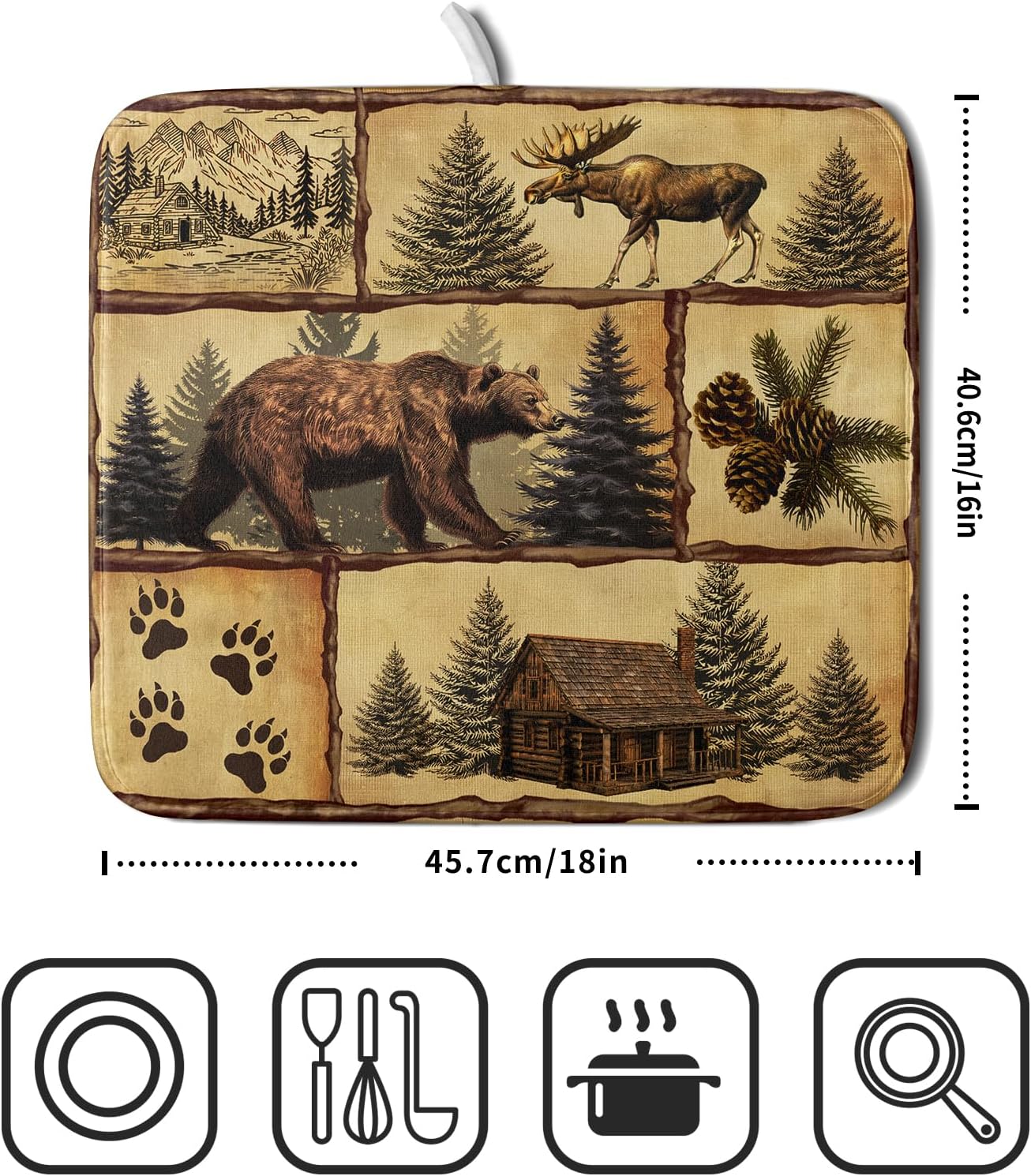 Vintage Bear Moose Dish Drying Mat 16x18 Inch Country Cabin Absorbent Dish Draining Mat Heat Resistant Drying Pad for Counter Sink Home