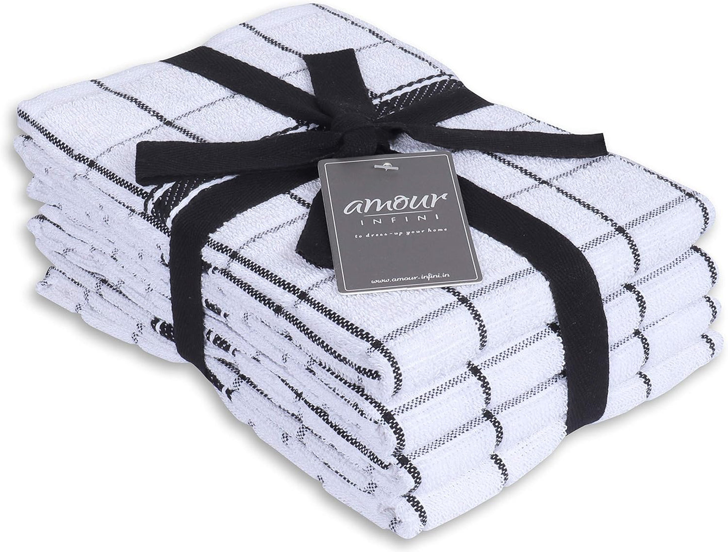 AMOUR INFINI Terry Cotton Kitchen Towels 4-Pack - Large 18 x 28 Inch, Absorbent & Soft Dish Towel with Hanging Loop, Washable Ideal for Cleaning, Drying (Black)