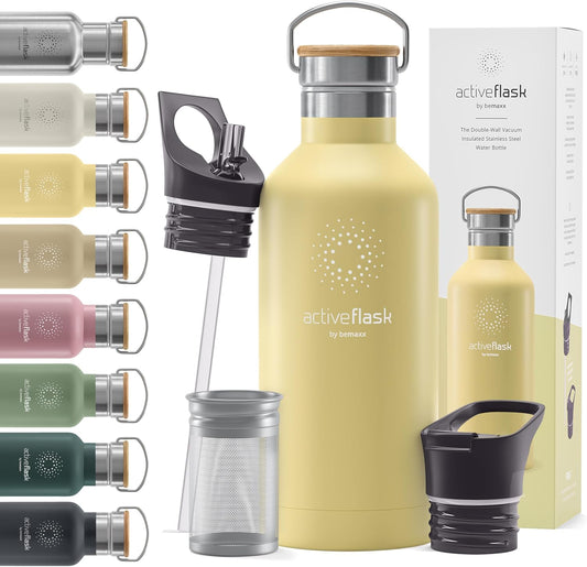 Stainless Steel Water Bottle with Straw, Infuser & 3 Lids: 18/32 OZ Leak-Proof Vacuum Insulated ACTIVE FLASK Drinking Bottles Hot Cold: Double Walled Outdoor Drink Thermo Mug Tea Coffee Sport Gym Bike