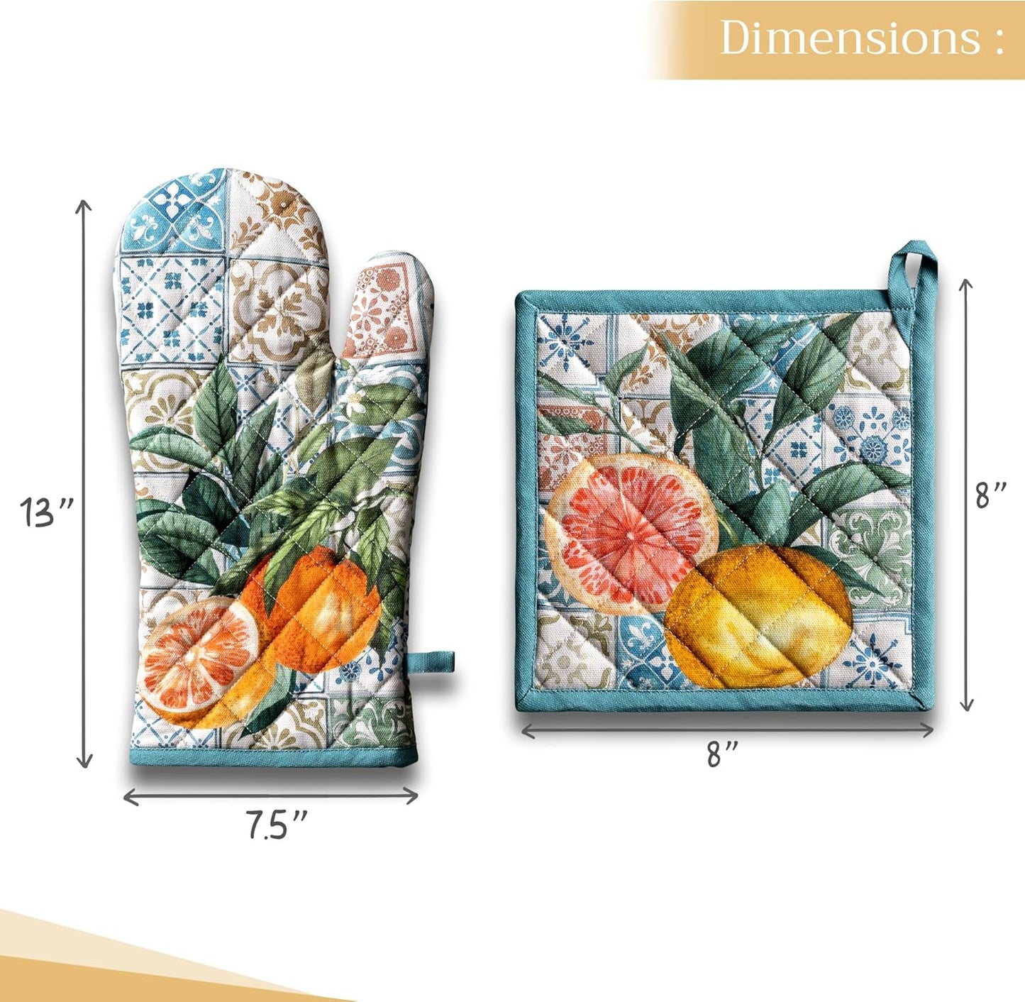 Maison d' Hermine 100% Cotton Oven Mitt & Pot Holder Set (7.5"x13" & 8"x8") Heat Resistant BBQ Cooking Gloves with Loop, Baking, Grilling, Kitchen, Handling Hot Pans Spring/Summer (Agrume)