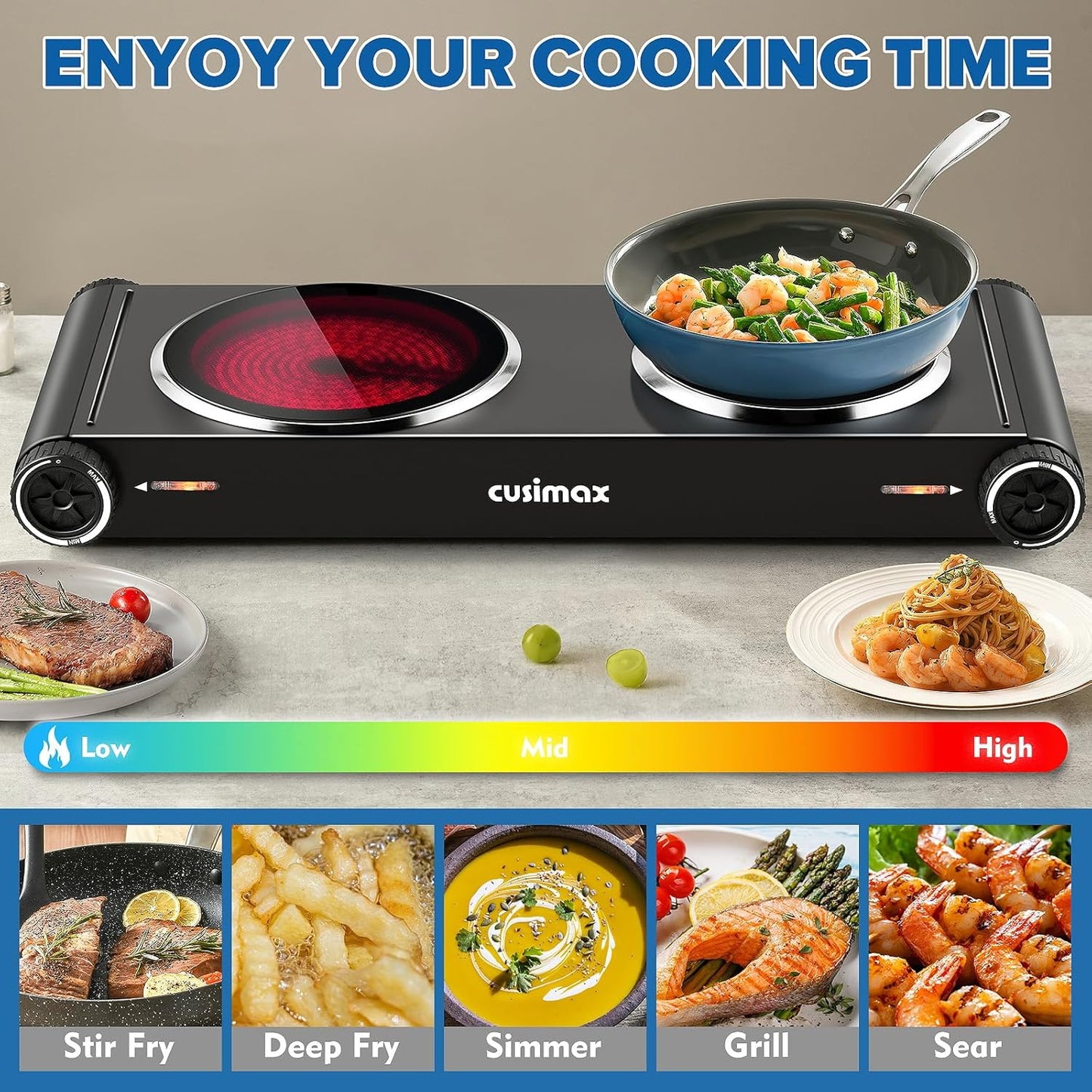 Cusimax Hot Plate,1800W Electric Stove Countertop Double Cast Iron Burner with Adjustable Temperature,7.4”+6.1” Portable Hot Plates for Cooking,Compatible for All Cookwares