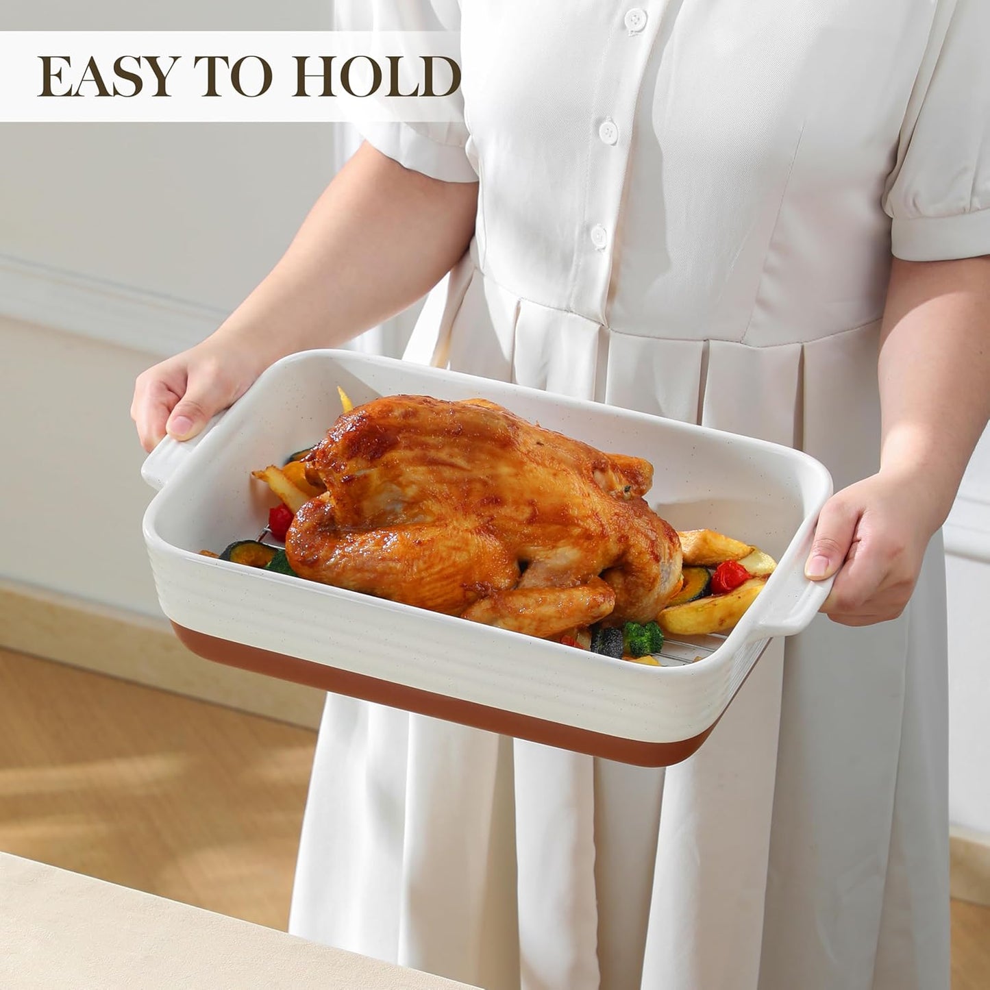 MALACASA Baking Dish with Rack, 4.8 Qt Ceramic Roasting Pan with Stainless Steel Drip Rack, 9x13 Inch Deep Casserole Dish with Handles, Oven Safe Lasagna Pan for Baking & Serving (Khaki & White) - Series Tara