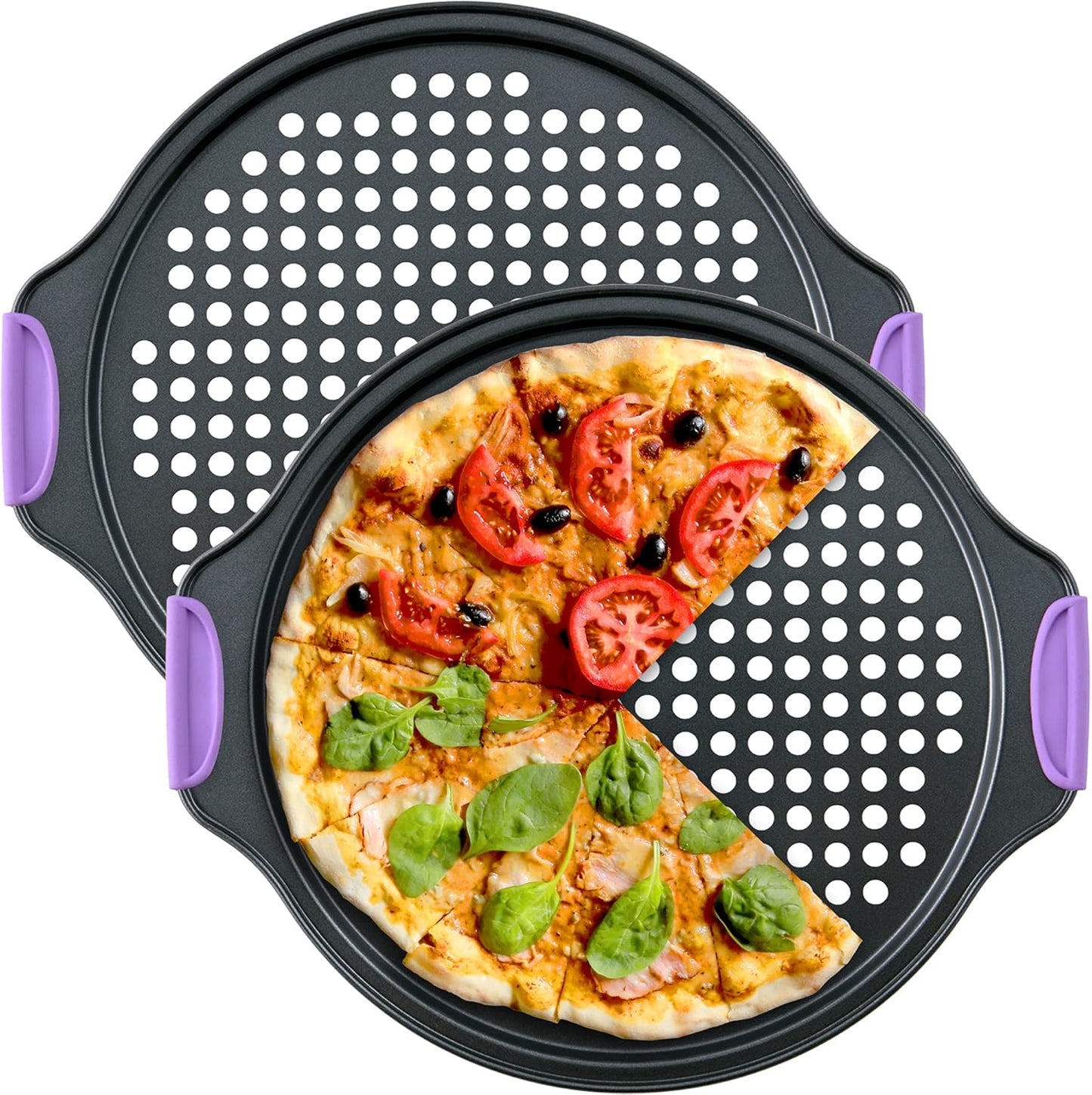 Amazing Abby - Chef Stacy - 2-Pack 13-Inch Non-Stick Pizza Pan with Holes, Perforated Pizza Crisper with Heat-Resistant Silicone Handle Grips, Oven-Safe Bakeware, Carbon Steel Baking Pan for Oven