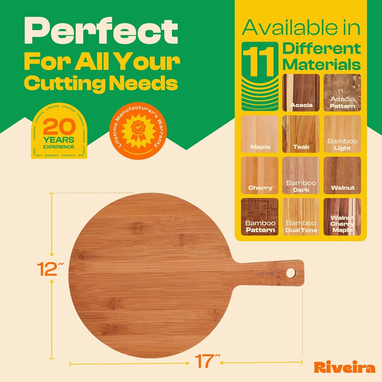 Riveira Brown Bamboo Wood Cutting Board – Gourmet Bamboo Grandeur: 17 x 12 Wooden Cutting Board – Wooden Cutting Boards For Kitchen Decorative – Innovative Juice Grooves Wooden Chopping Board