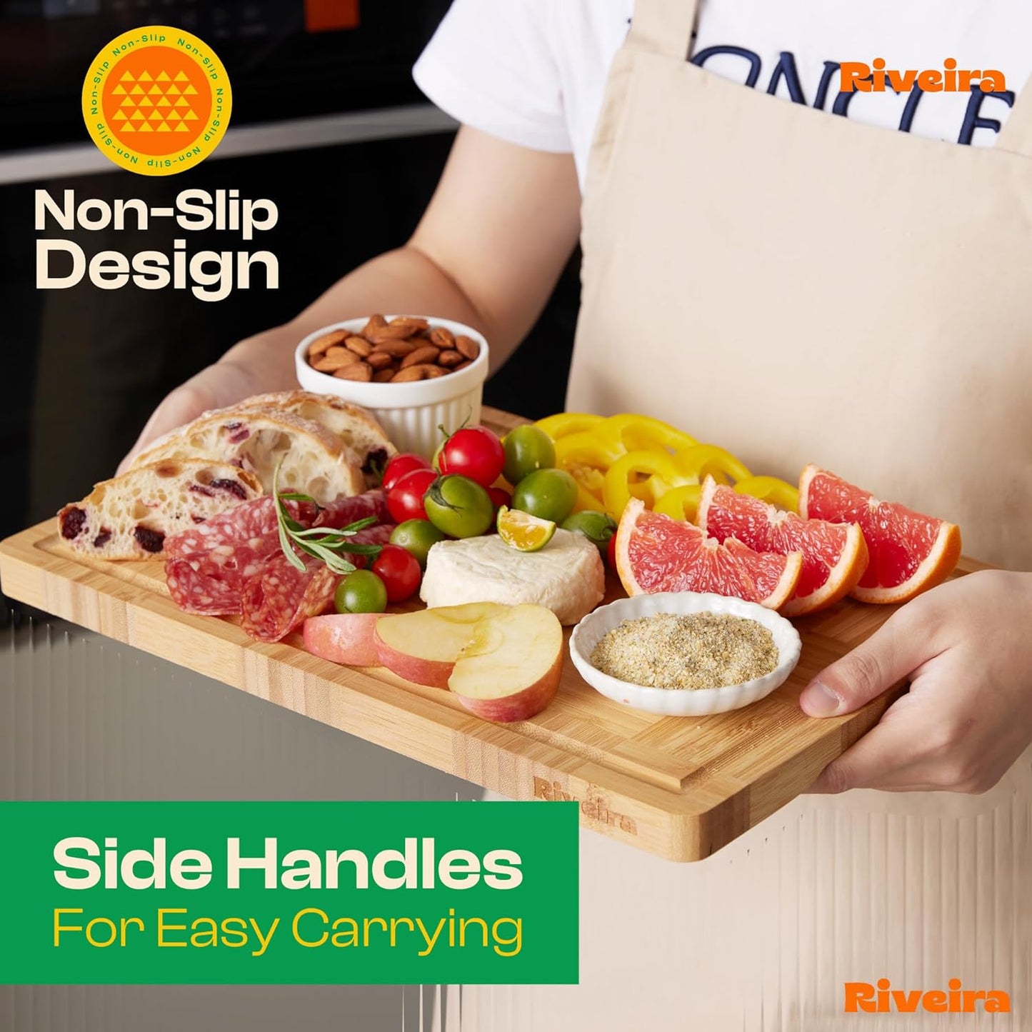 Riveira Bamboo End Grain Wood Cutting Board – Gourmet Bamboo Grandeur: 8 x 8 Wooden Cutting Board – Wooden Cutting Boards For Kitchen Decorative – Innovative Juice Grooves