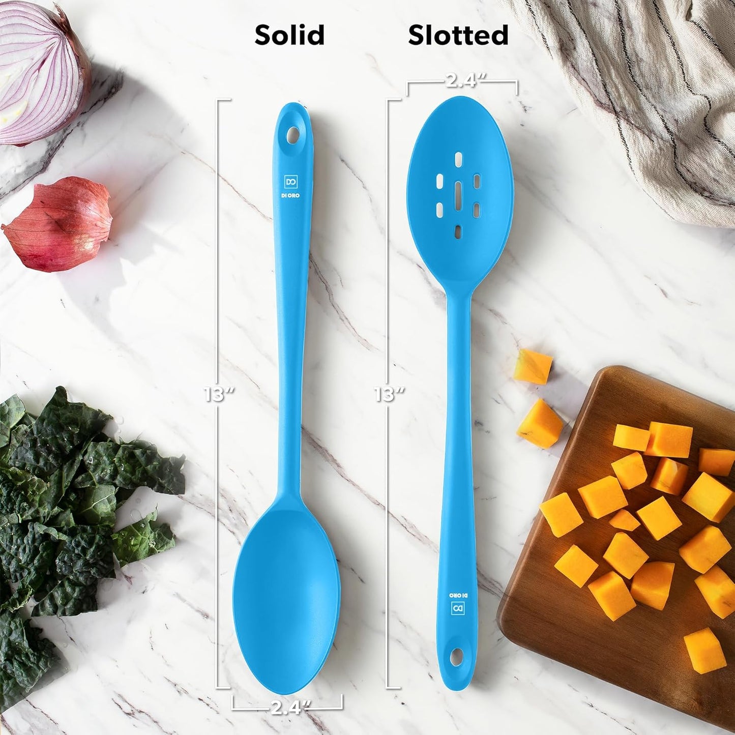 DI ORO Silicone Mixing & Serving Spoons - Large Heat-Resistant Non Stick Utensils Big Solid & Slotted Basting Spoons - Dishwasher Safe (2pc, Blue)