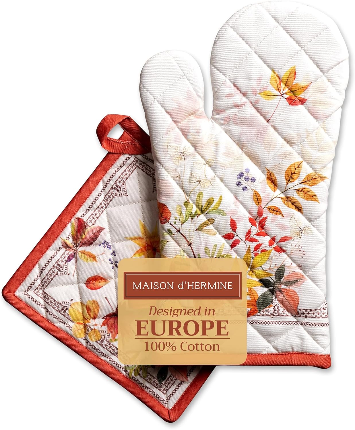 Maison d' Hermine 100% Cotton Oven Mitt & Pot Holder Set (7.5"x13" & 8"x8") Heat Resistant BBQ Cooking Gloves with Loop, Baking, Grilling, Kitchen, Handling Hot Pans (Amarante)