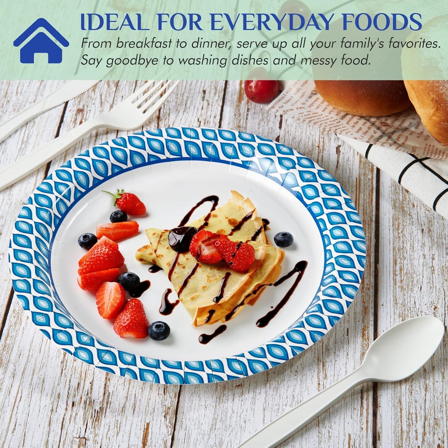 MUCHII Paper Plates 10 Inch, 150 Count Soak and Cut Proof, Blue Large Disposable Plates Bulk for Daily Use, Parties