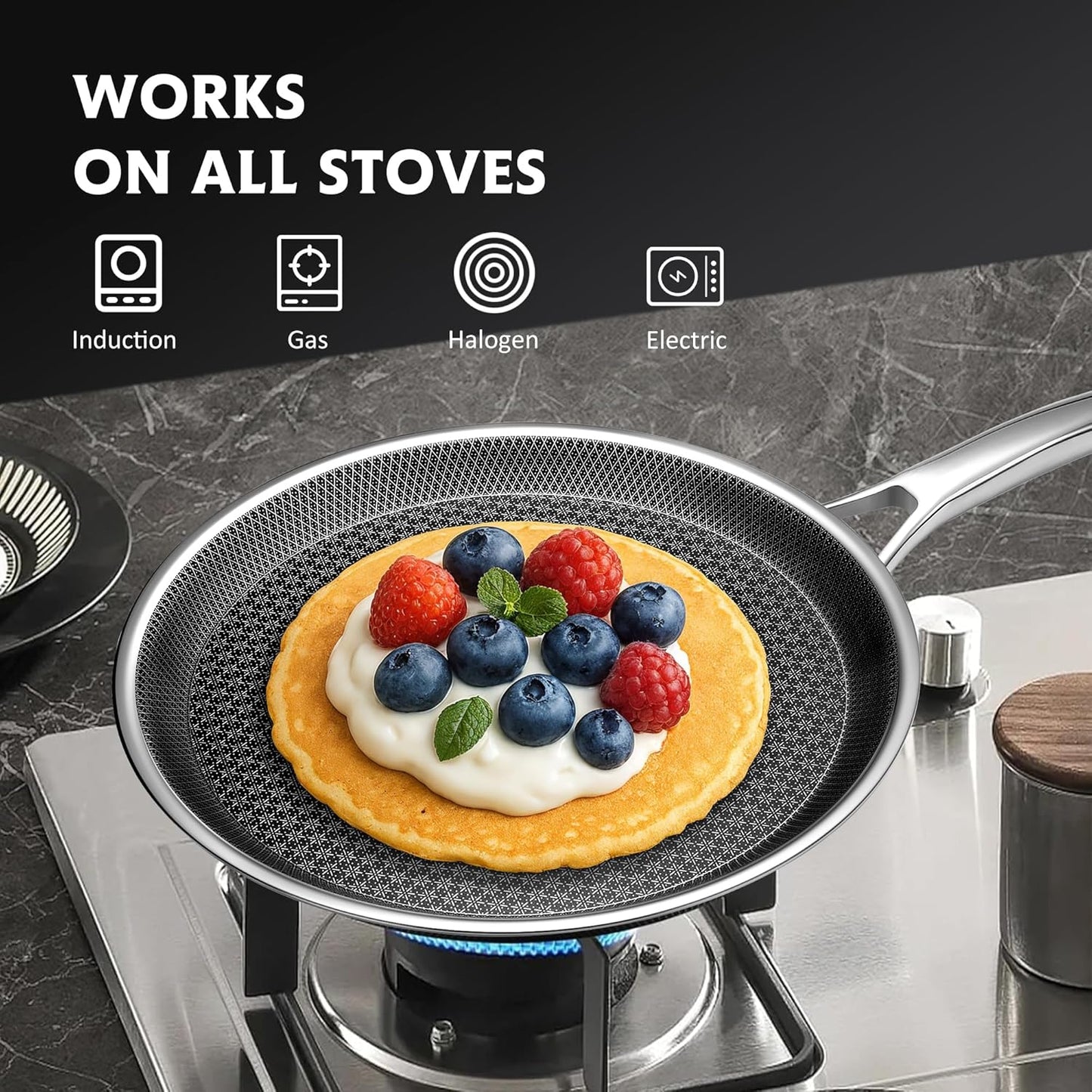 Crepe Pan,10 in Nonstick Crepe Pan, Stainless Steel Flat Skillet,Non Stick Dosa Tawa Comales Para Tortillas Pancake Pan,Dishwasher and Oven Safe Cookware,Induction Compatible, PFOA Free