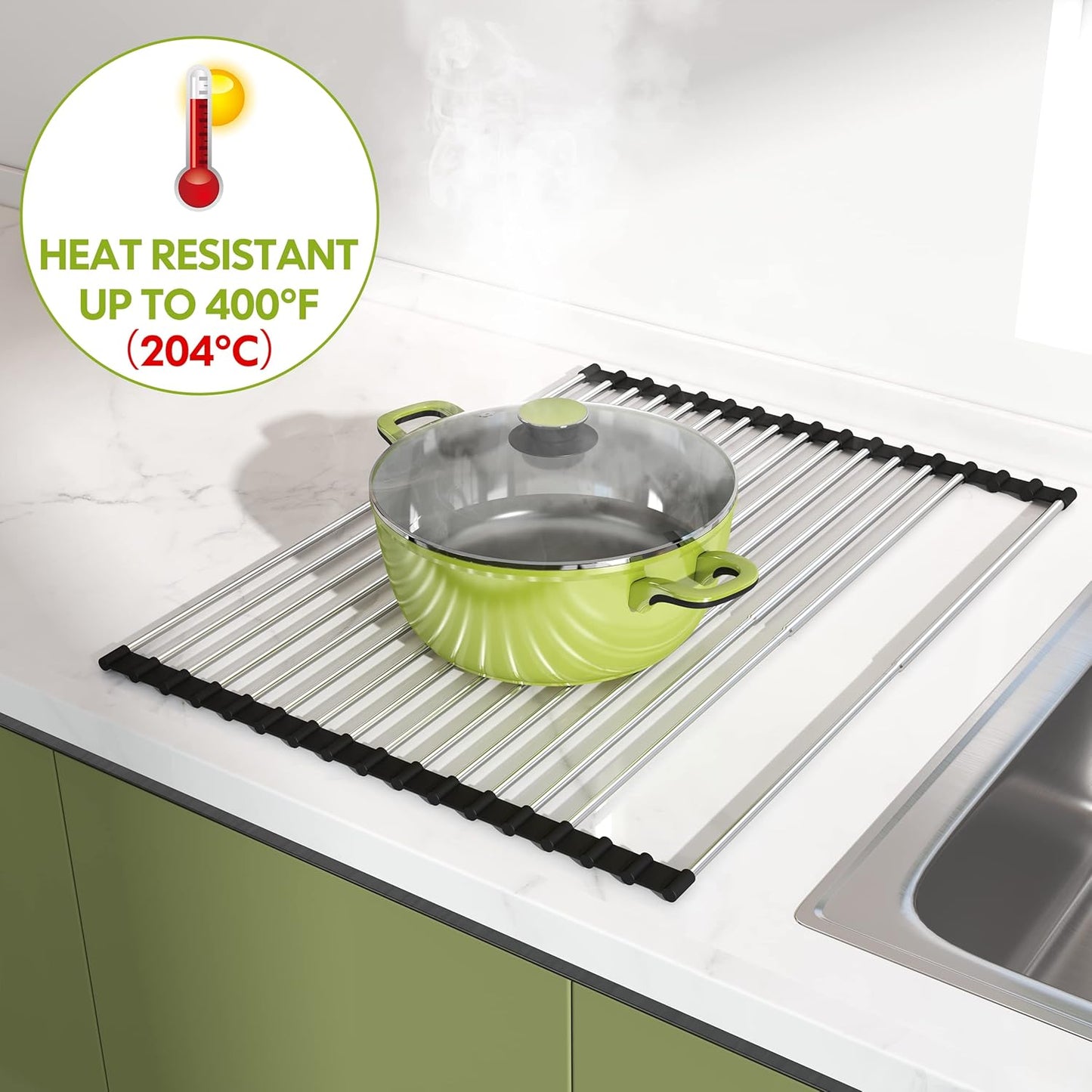 JASIWAY Dish Drying Rack, Roll Up Dryer Rack for Inside Sink, Expandable (12.8"-23.8" D x 15.5" W) 304 Stainless Steel Dish Drainers for Kitchen Counter, Over Sink Cover with Utensil Holder