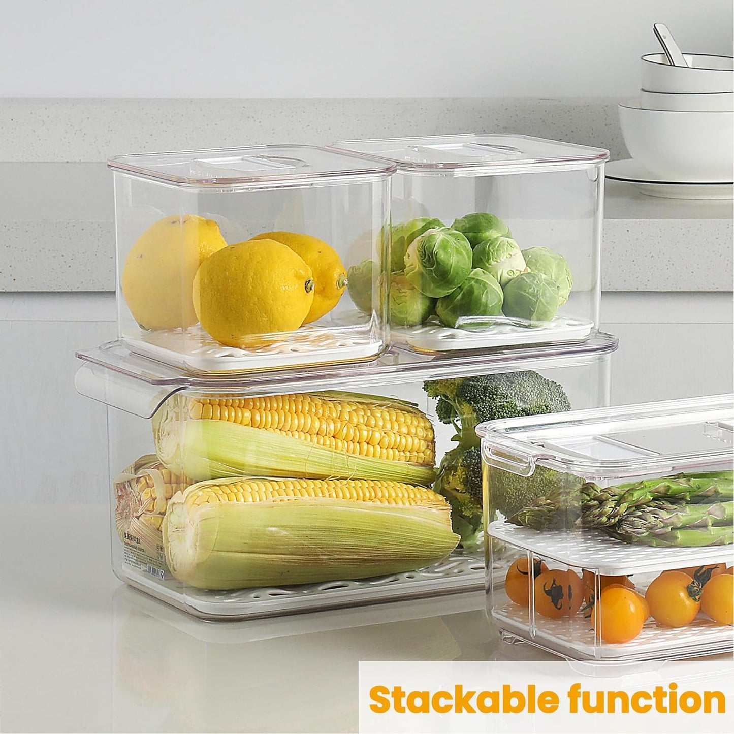 vacane Fresh Produce Saver for Refrigerator, 3 Pcs Food Fruit Lettuce Keeper Containers, Salad Vegetable Storage Organizers Stackable, BPA-free Stay Fridge Storage Containers