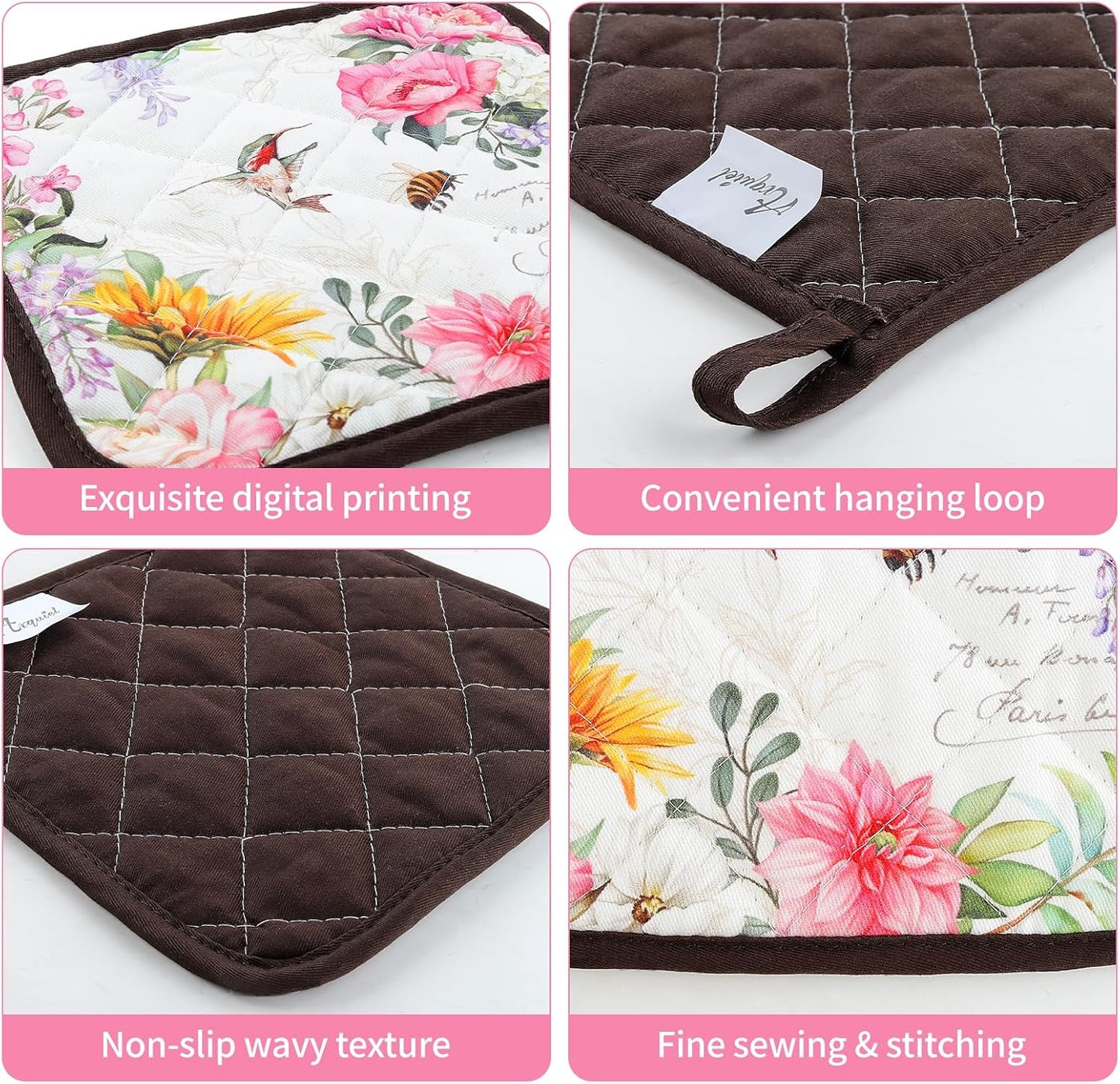 Vintage Flower Oven Mitts and Pot Holders Sets 2Pcs, 100% Cotton Heat Resistant, Extra Long Oven Gloves Potholder for Kitchen Cooking Baking Decoration