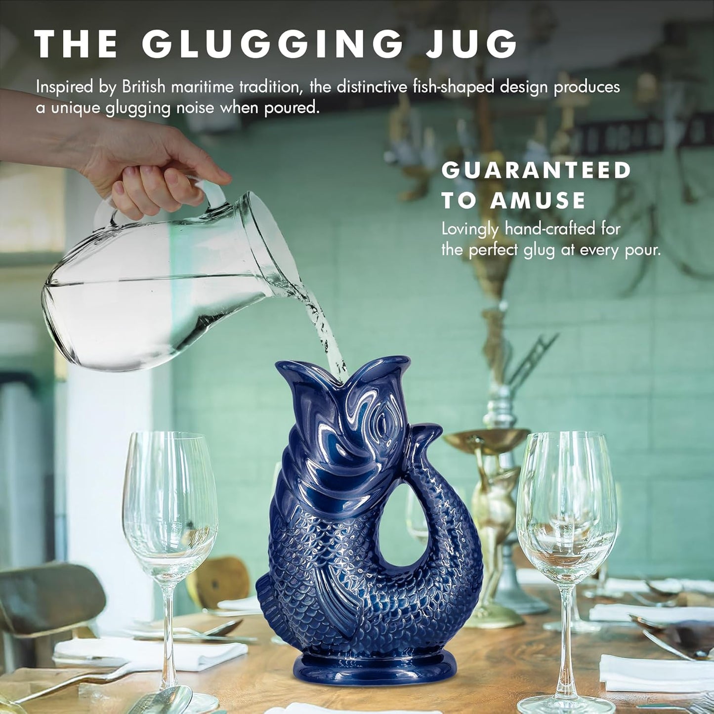 Gurgle Glug Jug The Bubble Jug® Surf Blue 50 fl oz 1.5L Litre Extra Large Pitcher - Fish Shaped Jug - Decorative Ceramic Glugging Cocktail, Water and Gin Vase and Gurgling Carafe Pot