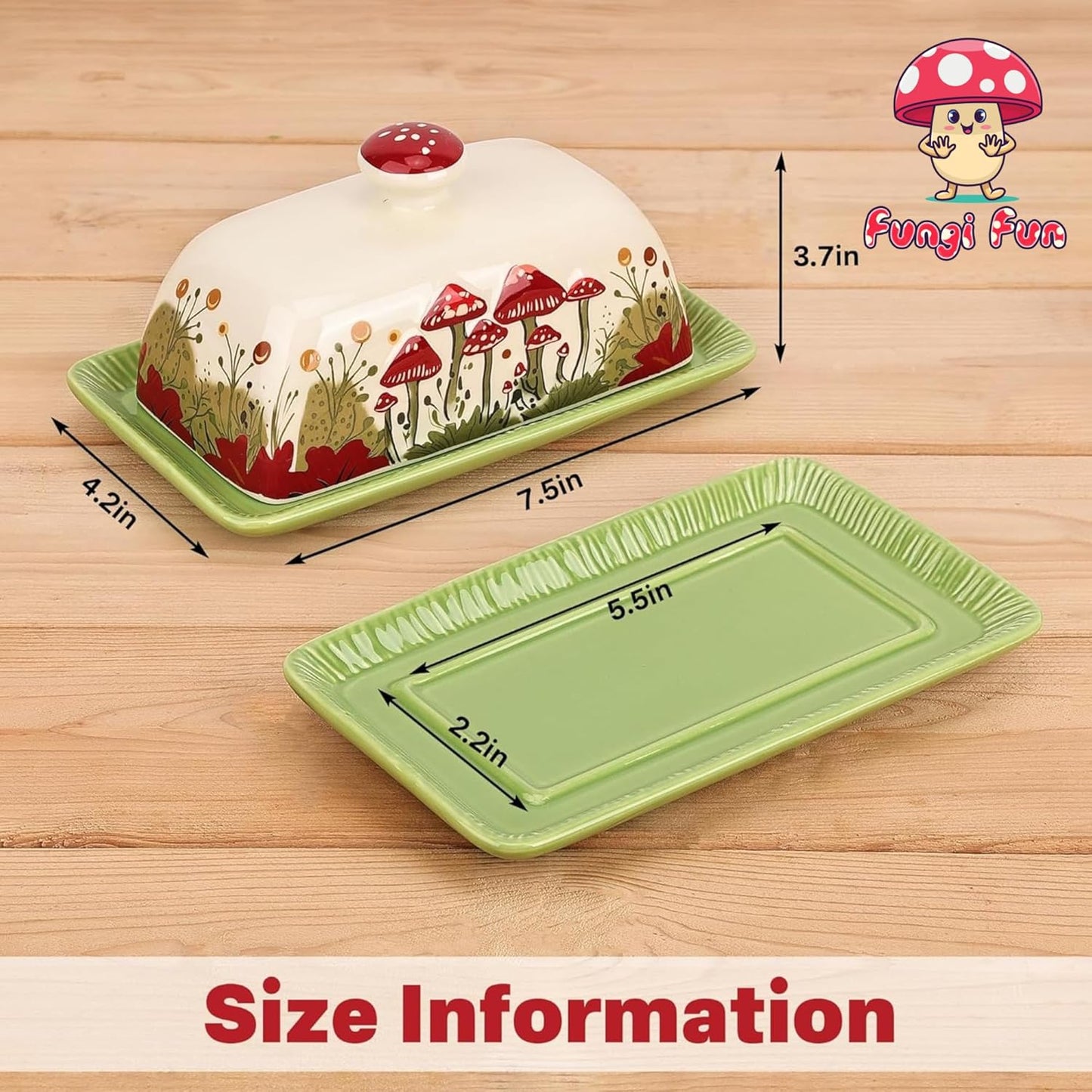 Fungi Fun Mushroom Butter Dish With Lid For Countertop Ceramic Butterdish, Red Mushroom Butter Container, Butter Tray Large Butter Dish Covered (White, Standard)